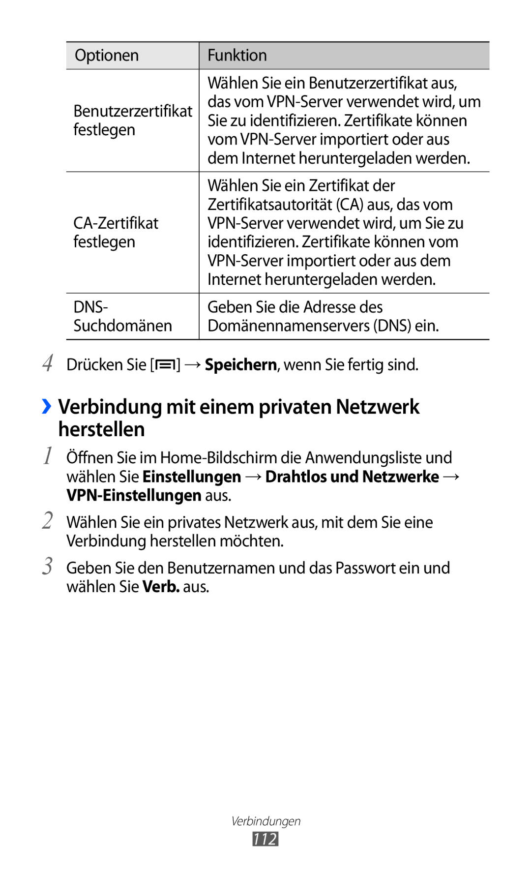 Samsung GT-I8150MAADTM, GT-I8150FKAVIT, GT-I8150FKATUR manual ››Verbindung mit einem privaten Netzwerk herstellen, 112 