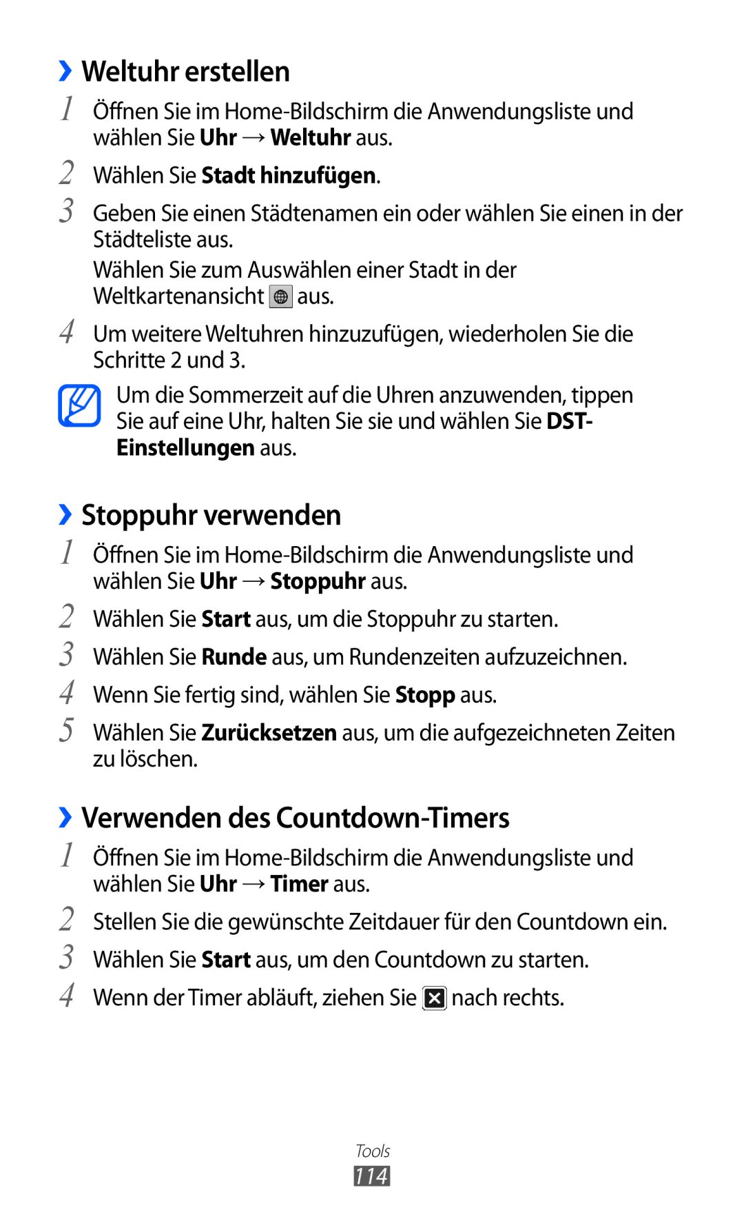 Samsung GT-I8150FKATUR, GT-I8150MAADTM ››Weltuhr erstellen, ››Stoppuhr verwenden, ››Verwenden des Countdown-Timers, 114 