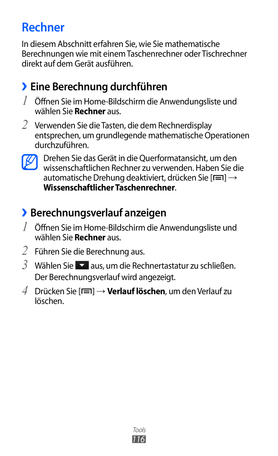 Samsung GT-I8150FKAXEG, GT-I8150MAADTM manual Rechner, ››Eine Berechnung durchführen, ››Berechnungsverlauf anzeigen, 116 