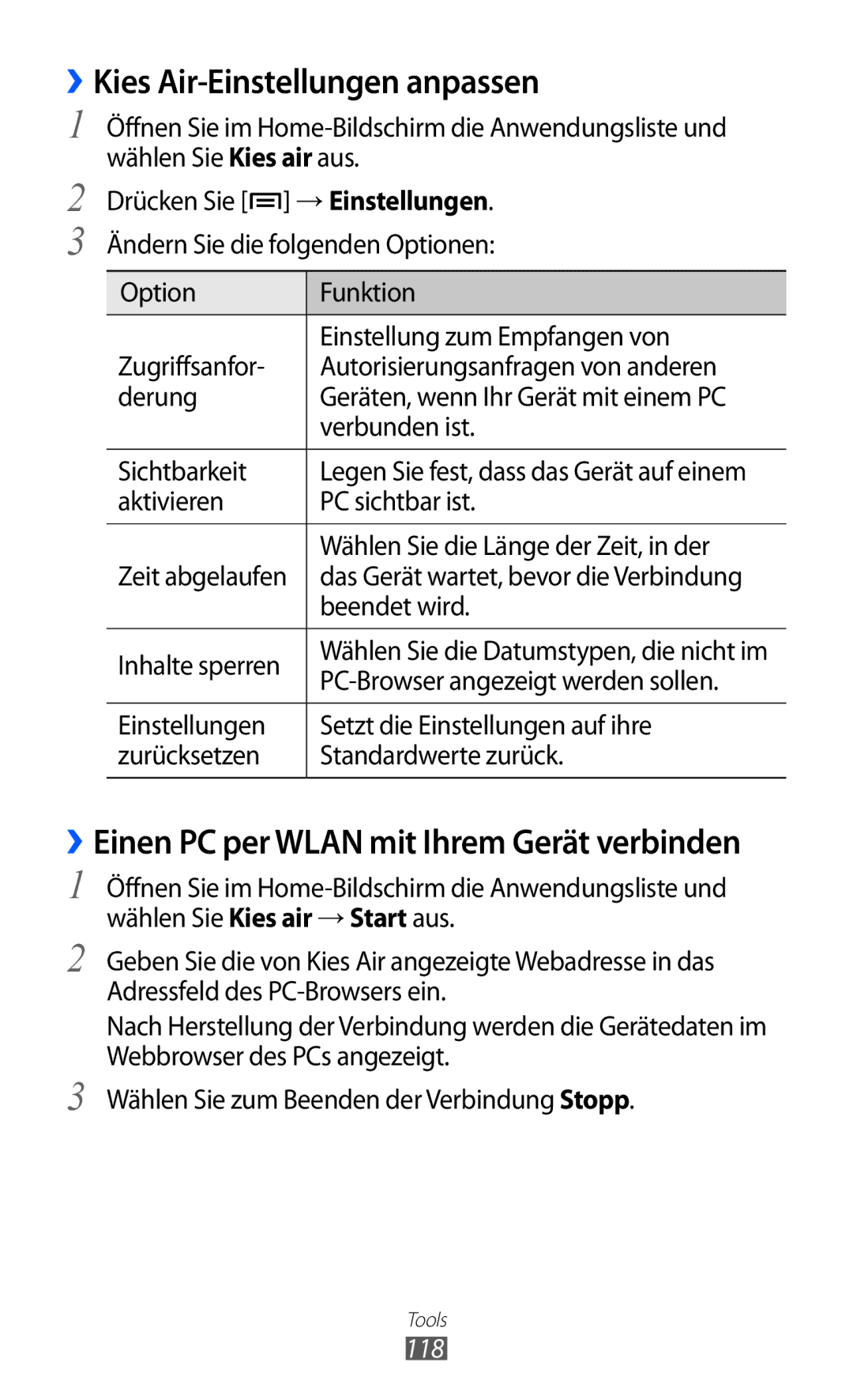 Samsung GT-I8150FKATMN, GT-I8150MAADTM manual ››Kies Air-Einstellungen anpassen, Beendet wird, Inhalte sperren, 118 