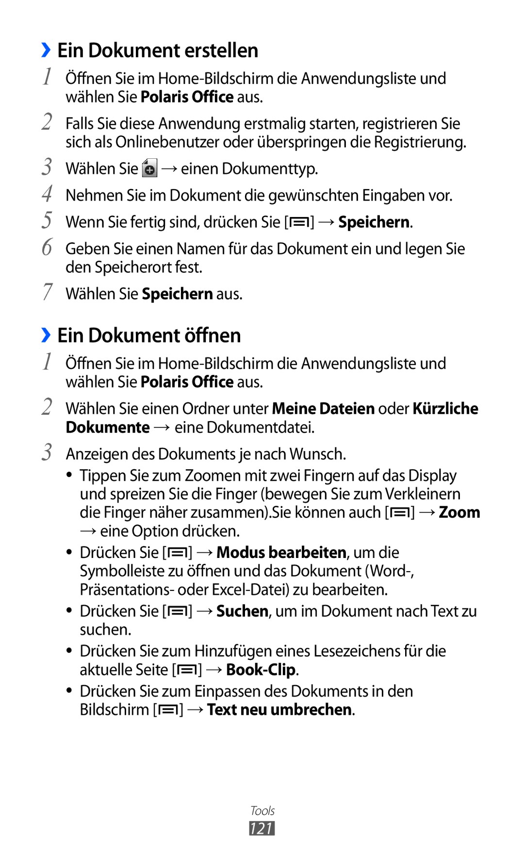 Samsung GT-I8150FKAITV, GT-I8150MAADTM manual ››Ein Dokument erstellen, ››Ein Dokument öffnen, → eine Option drücken, 121 