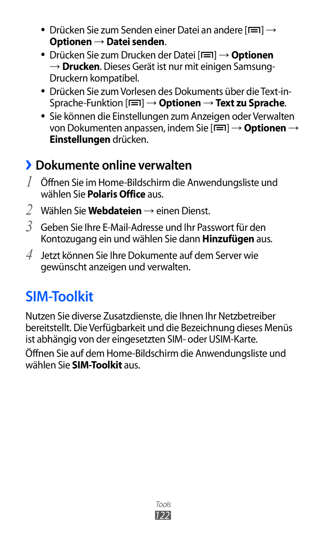 Samsung GT-I8150FKADTM manual SIM-Toolkit, ››Dokumente online verwalten, Wählen Sie Webdateien → einen Dienst, 122 