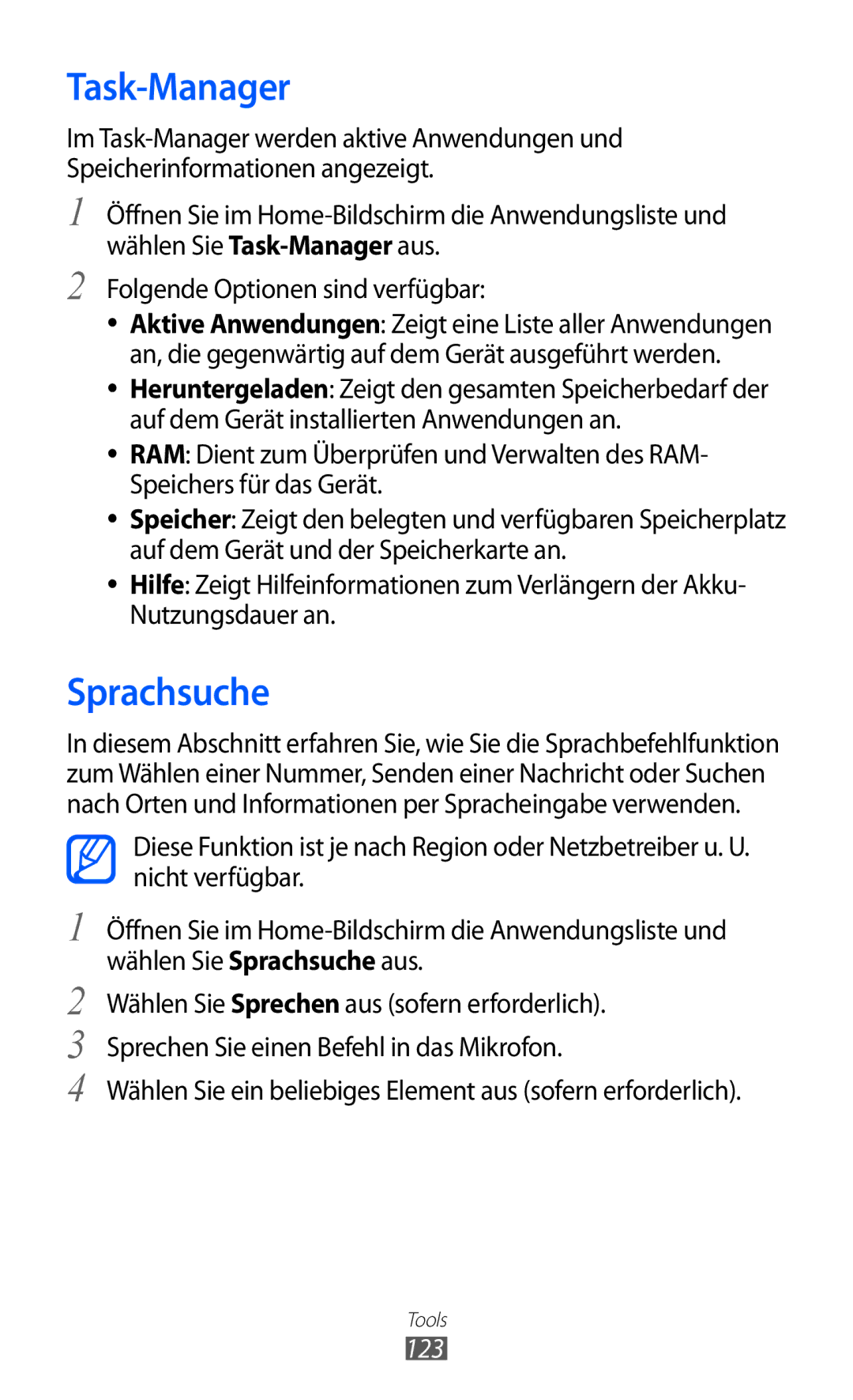 Samsung GT-I8150EWATUR, GT-I8150MAADTM, GT-I8150FKAVIT Task-Manager, Sprachsuche, Folgende Optionen sind verfügbar, 123 