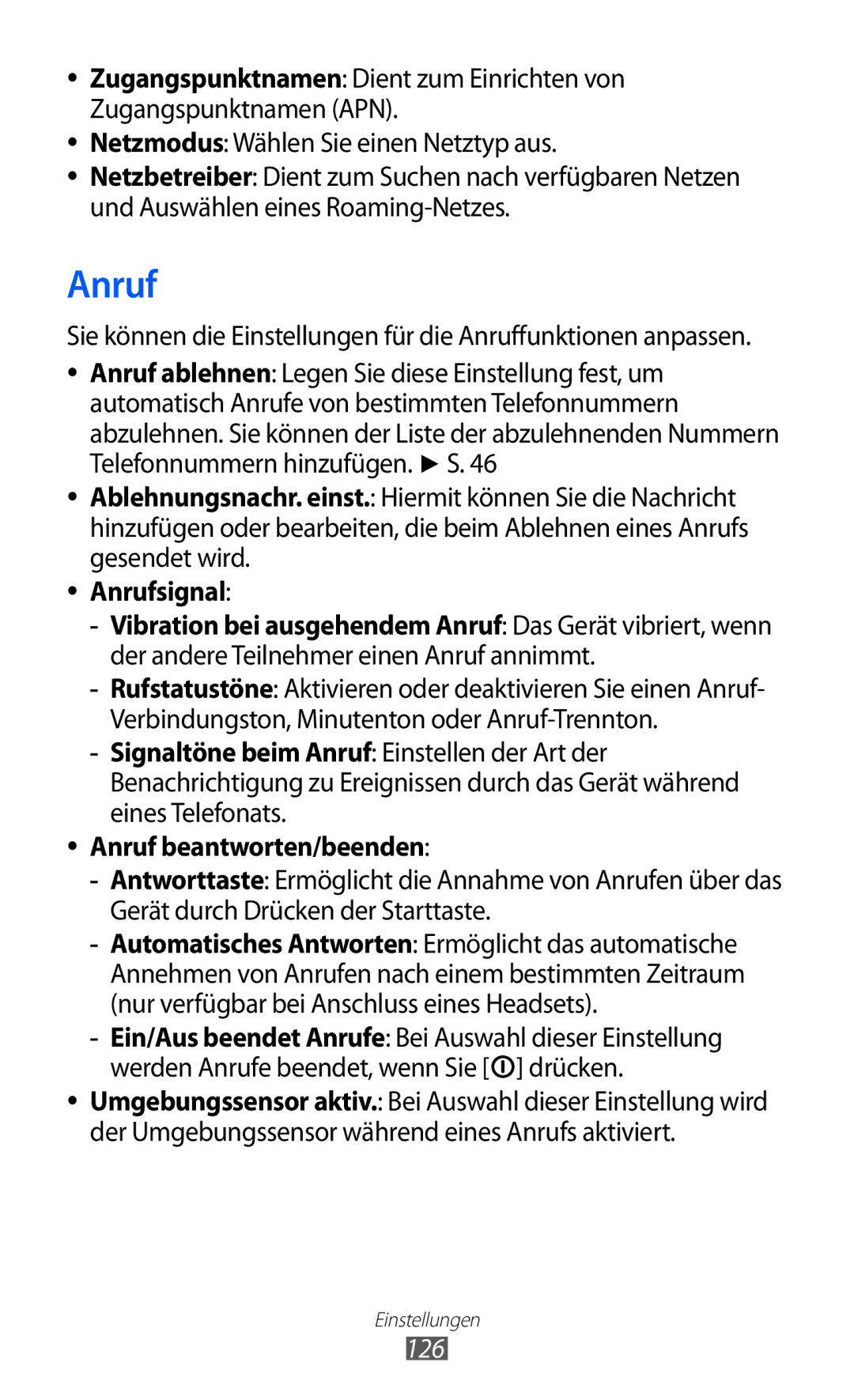 Samsung GT-I8150MAADTM, GT-I8150FKAVIT, GT-I8150FKATUR, GT-I8150EWAITV manual Anrufsignal, Anruf beantworten/beenden, 126 