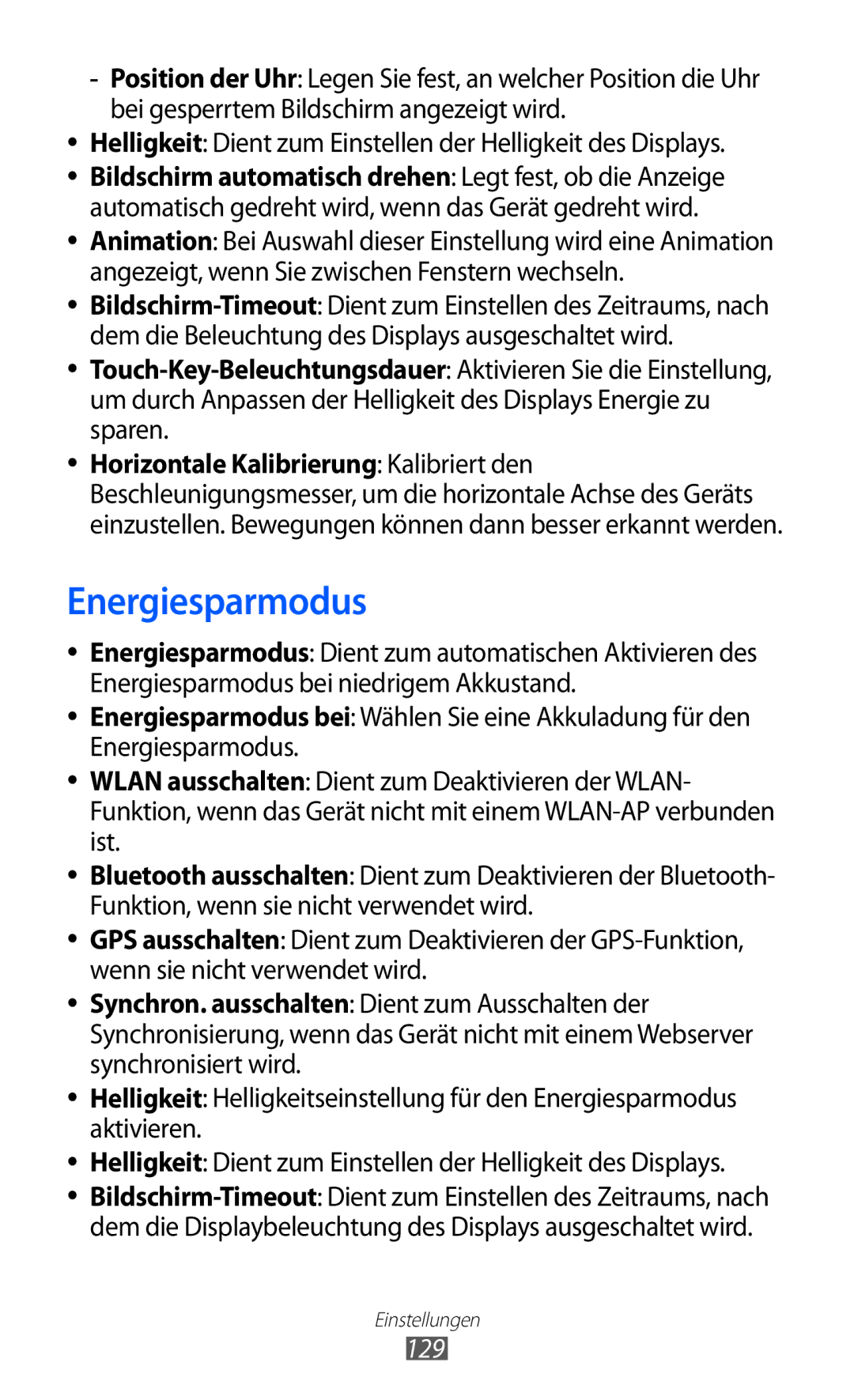 Samsung GT-I8150EWAITV, GT-I8150MAADTM Energiesparmodus, Helligkeit Dient zum Einstellen der Helligkeit des Displays, 129 