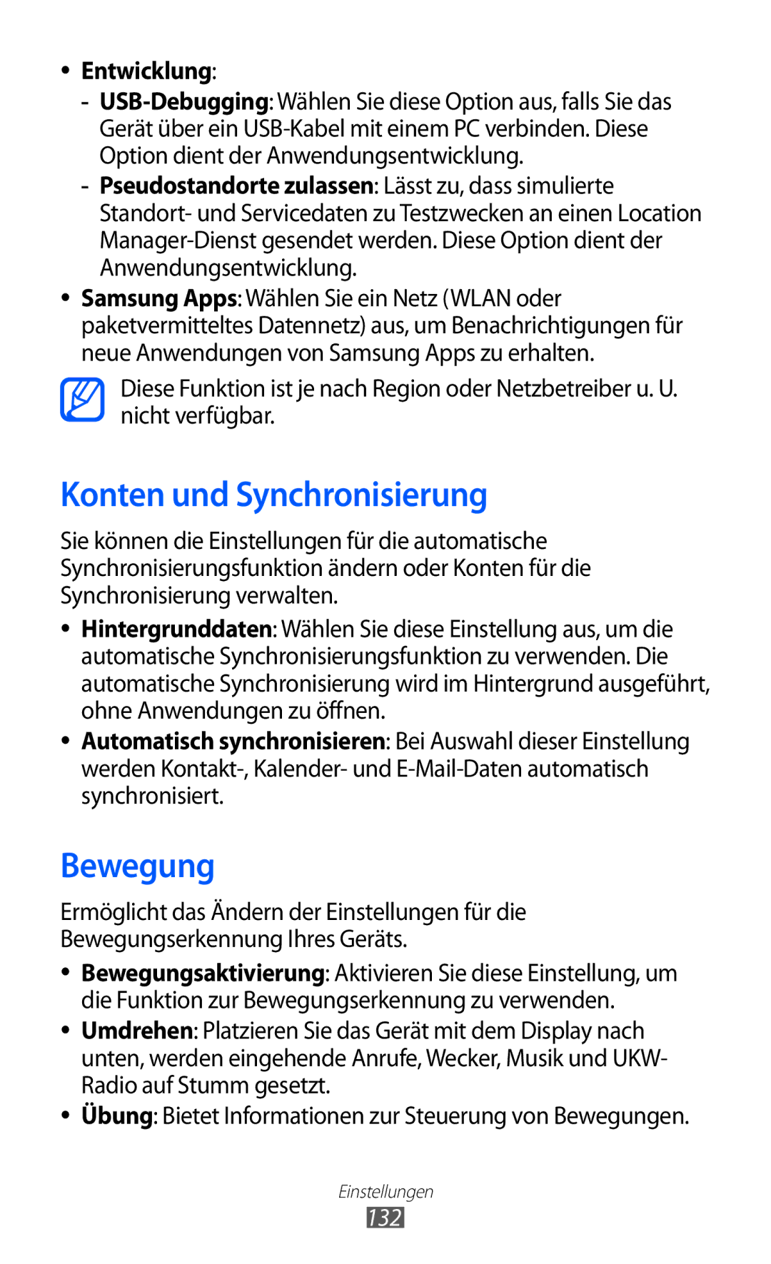 Samsung GT-I8150FKATMN, GT-I8150MAADTM, GT-I8150FKAVIT manual Konten und Synchronisierung, Bewegung, Entwicklung, 132 