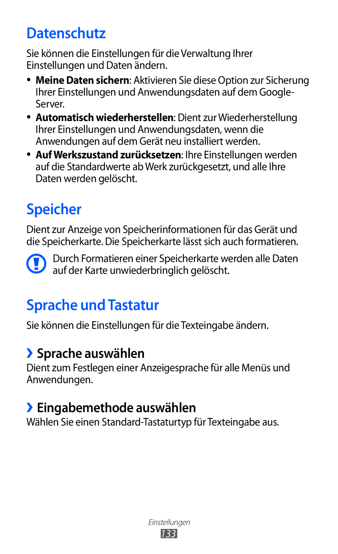 Samsung GT-I8150FKADBT manual Datenschutz, Speicher, Sprache und Tastatur, ››Sprache auswählen, ››Eingabemethode auswählen 