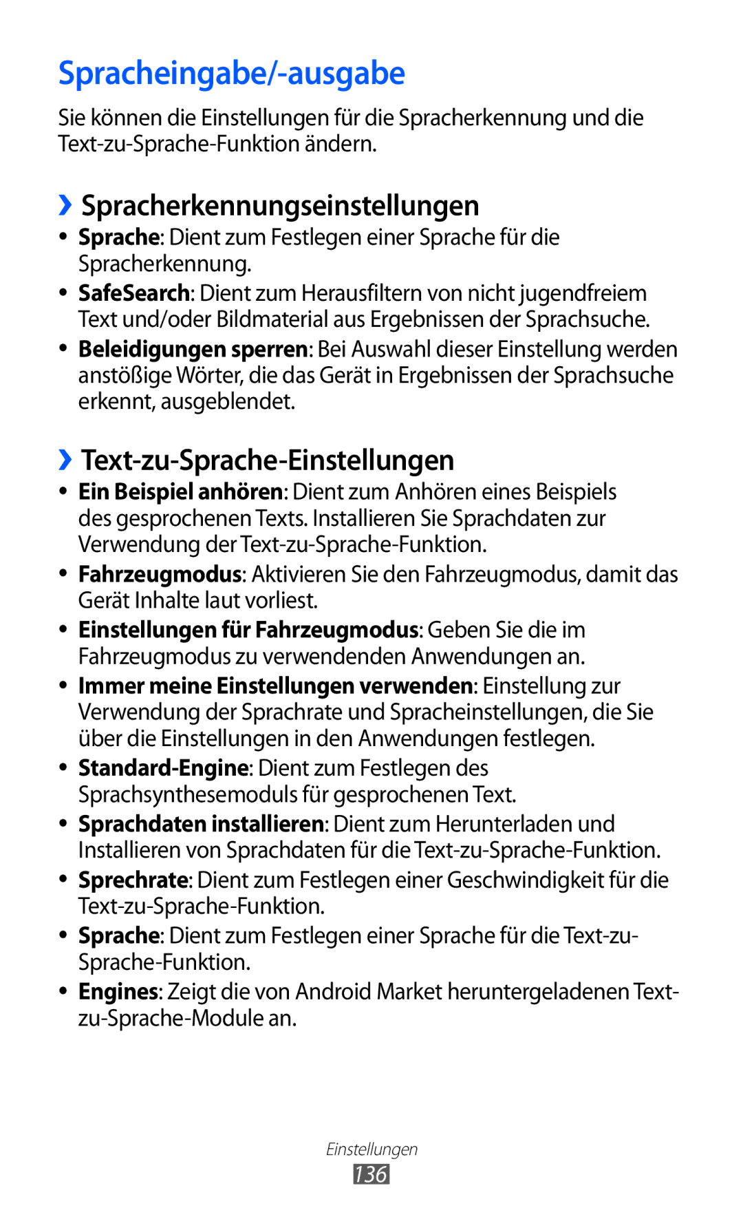 Samsung GT-I8150FKADTM manual Spracheingabe/-ausgabe, ››Spracherkennungseinstellungen, ››Text-zu-Sprache-Einstellungen, 136 