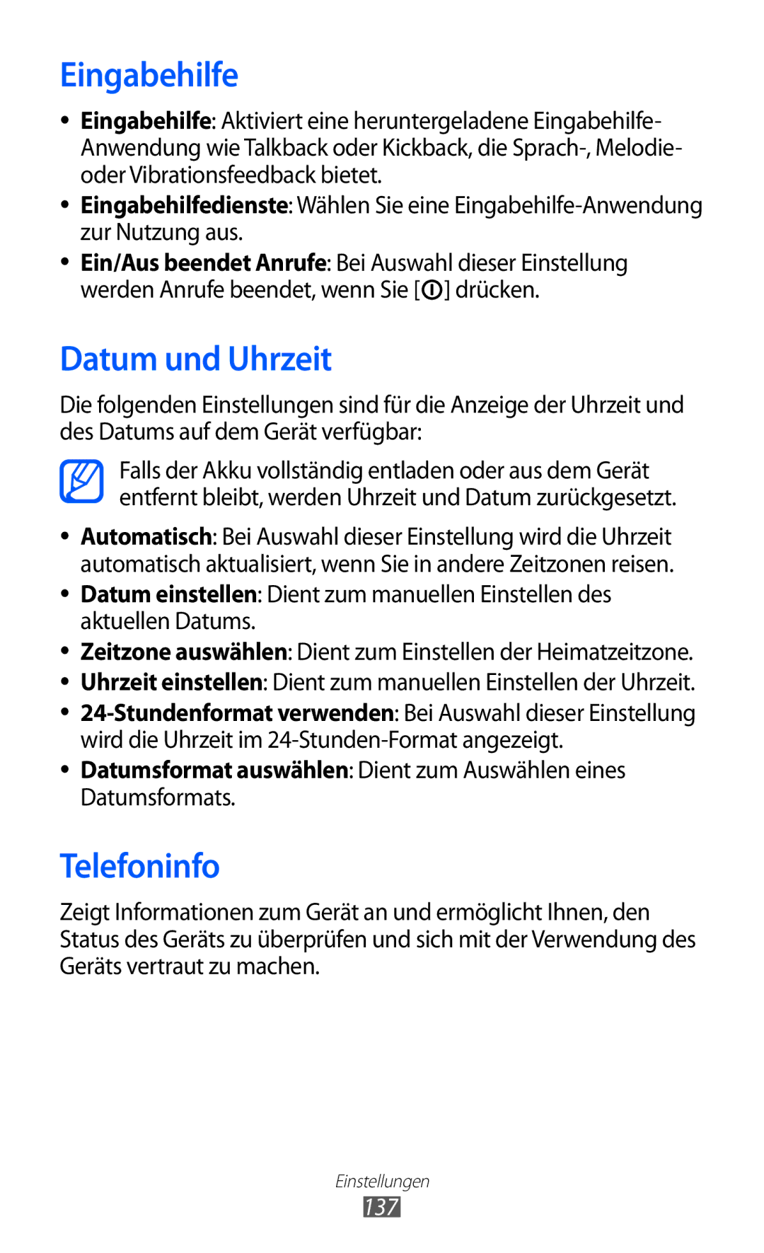 Samsung GT-I8150EWATUR, GT-I8150MAADTM, GT-I8150FKAVIT, GT-I8150FKATUR Eingabehilfe, Datum und Uhrzeit, Telefoninfo, 137 