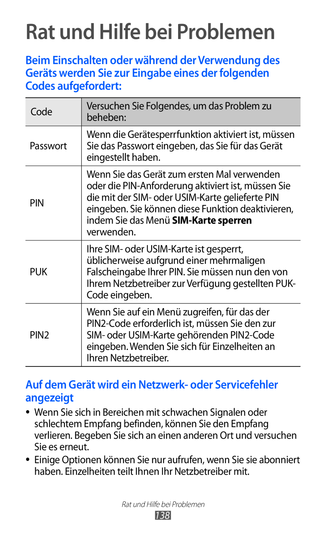 Samsung GT-I8150EWATMN, GT-I8150MAADTM, GT-I8150FKAVIT, GT-I8150FKATUR, GT-I8150EWAITV manual Rat und Hilfe bei Problemen, 138 