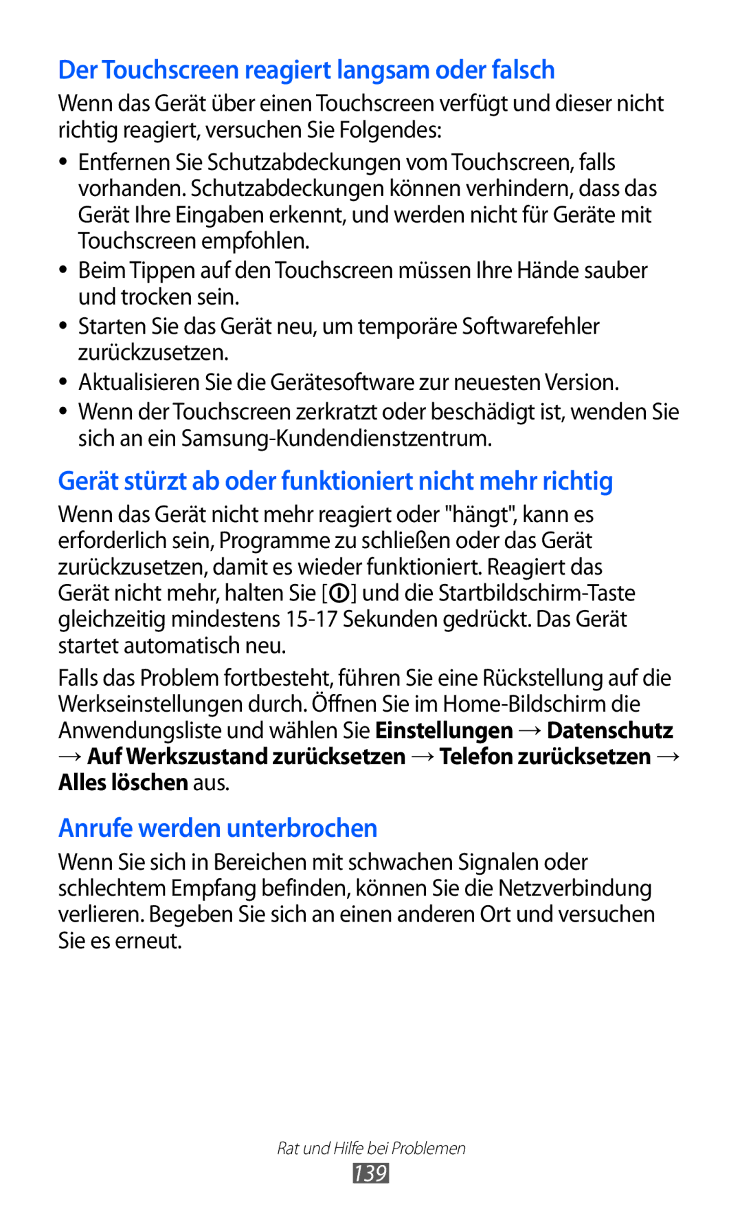 Samsung GT-I8150FKAMBC, GT-I8150MAADTM, GT-I8150FKAVIT, GT-I8150FKATUR Der Touchscreen reagiert langsam oder falsch, 139 