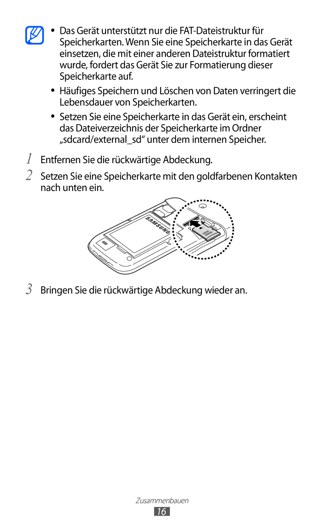 Samsung GT-I8150FKATUR, GT-I8150MAADTM, GT-I8150FKAVIT, GT-I8150EWAITV, GT-I8150FKAXEG, GT-I8150MAADBT manual Zusammenbauen 