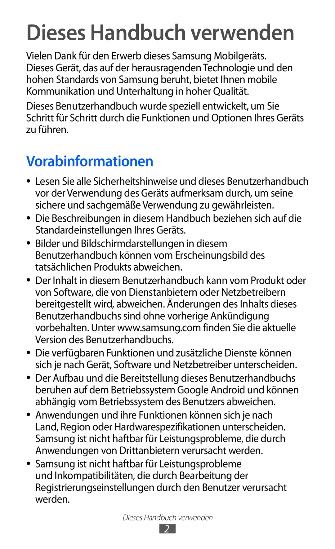 Samsung GT-I8150FKATUR, GT-I8150MAADTM, GT-I8150FKAVIT, GT-I8150EWAITV manual Dieses Handbuch verwenden, Vorabinformationen 