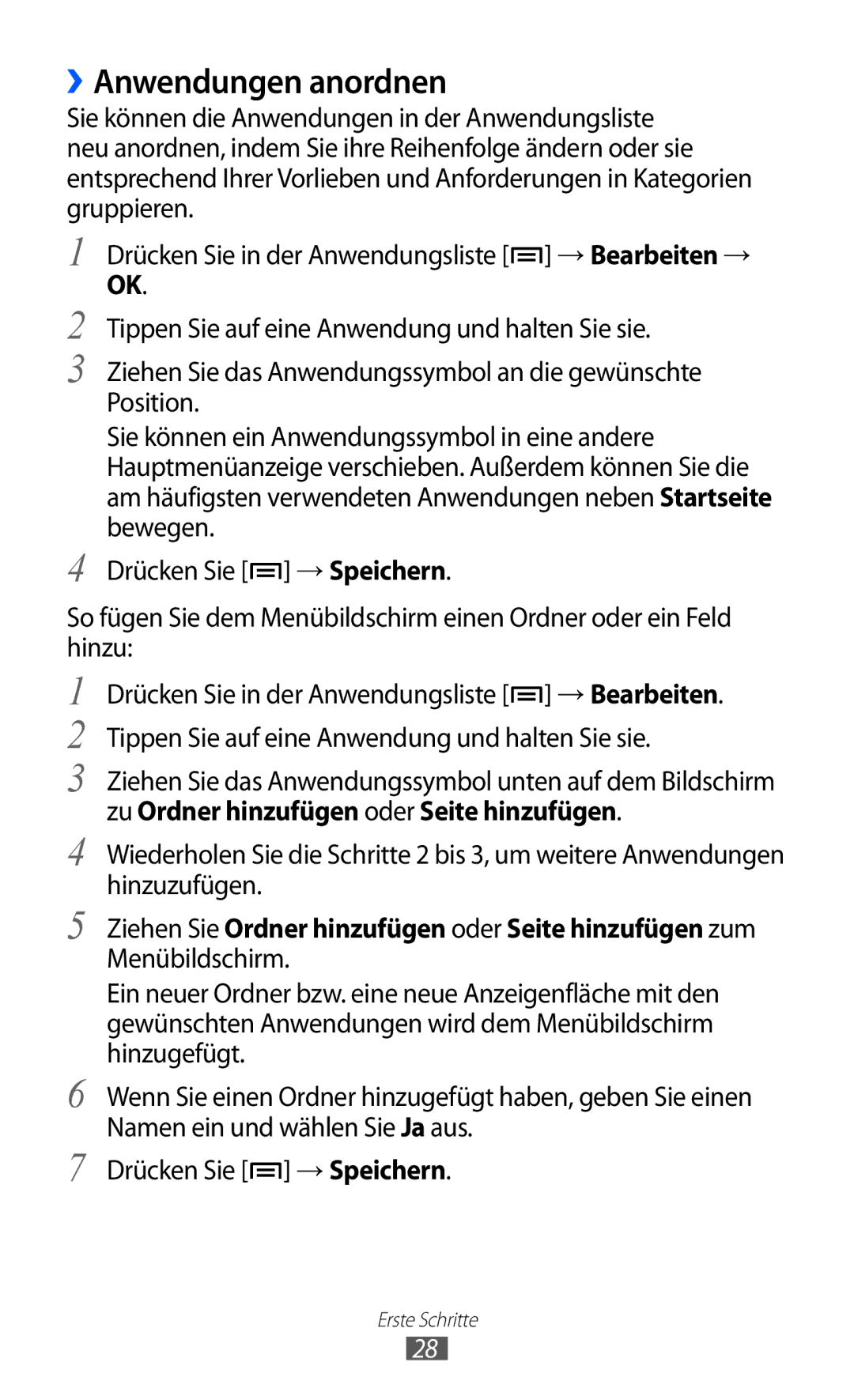 Samsung GT-I8150MAADTM, GT-I8150FKAVIT manual ››Anwendungen anordnen, Ziehen Sie Ordner hinzufügen oder Seite hinzufügen zum 