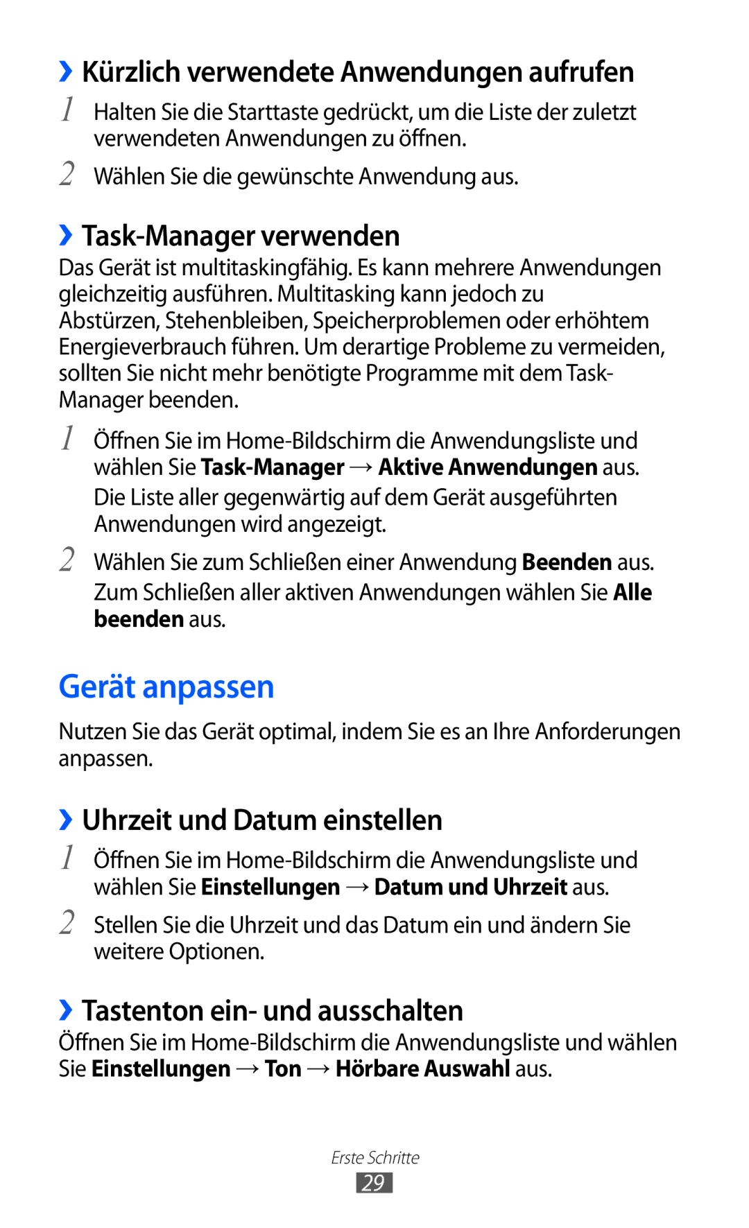 Samsung GT-I8150FKAVIT manual Gerät anpassen, ››Kürzlich verwendete Anwendungen aufrufen, ››Task-Manager verwenden 