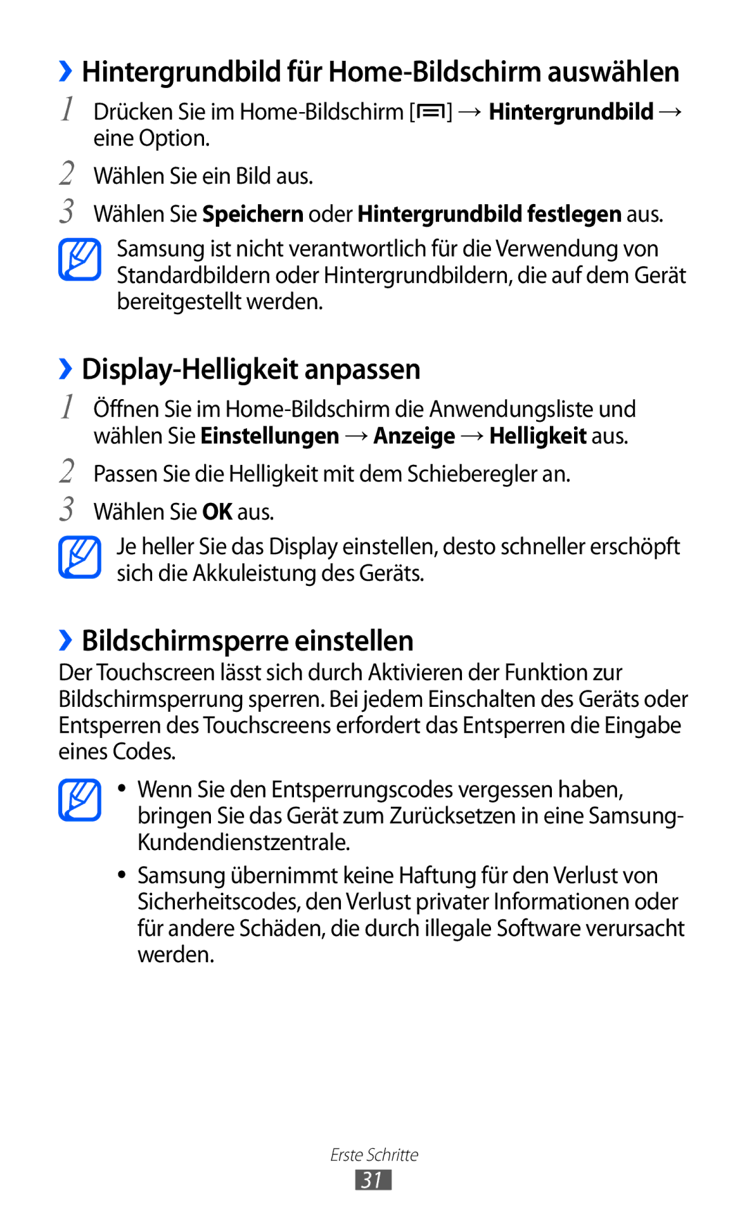 Samsung GT-I8150EWAITV, GT-I8150MAADTM, GT-I8150FKAVIT manual ››Display-Helligkeit anpassen, ››Bildschirmsperre einstellen 