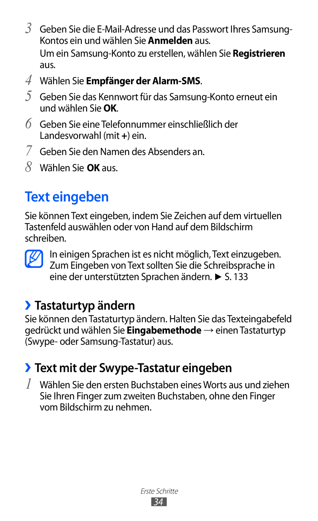 Samsung GT-I8150FKATMN, GT-I8150MAADTM manual Text eingeben, ››Tastaturtyp ändern, ››Text mit der Swype-Tastatur eingeben 