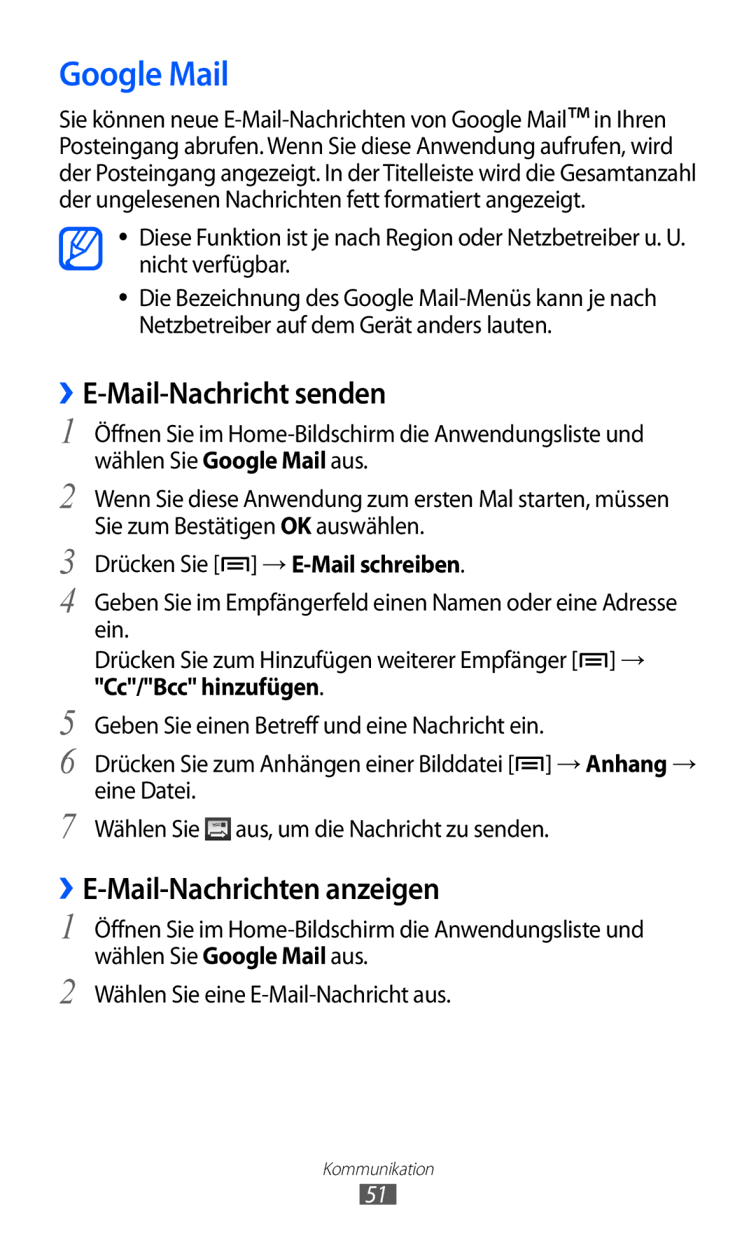 Samsung GT-I8150FKAITV, GT-I8150MAADTM manual Google Mail, ››E-Mail-Nachricht senden, ››E-Mail-Nachrichten anzeigen 