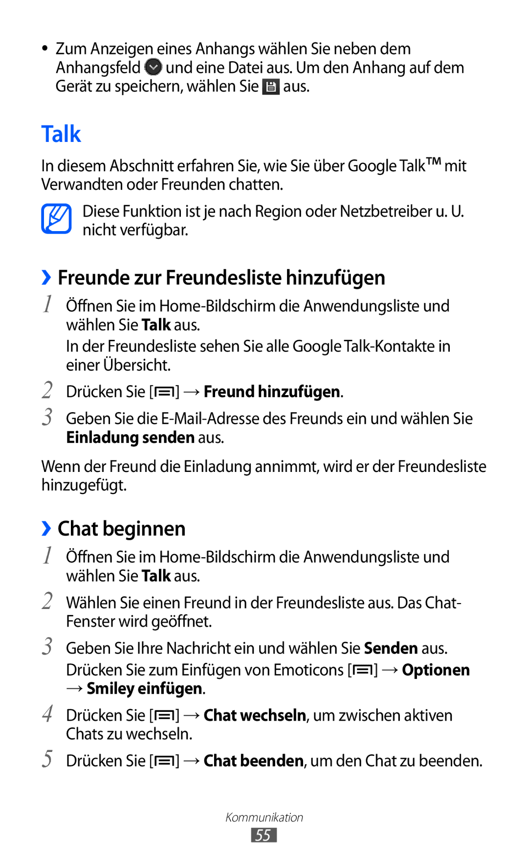 Samsung GT-I8150FKAMBC, GT-I8150MAADTM, GT-I8150FKAVIT manual Talk, ››Freunde zur Freundesliste hinzufügen, ››Chat beginnen 