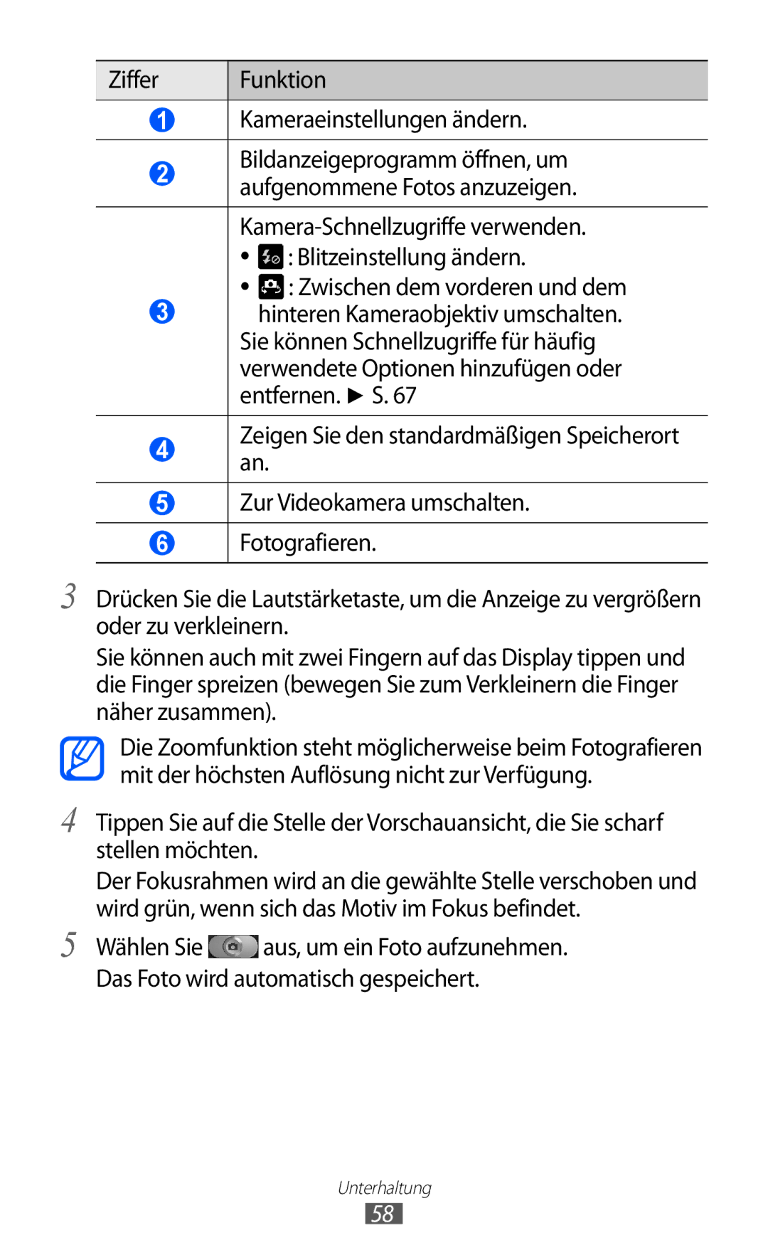 Samsung GT-I8150FKATUR, GT-I8150MAADTM manual Ziffer Funktion Kameraeinstellungen ändern, Zwischen dem vorderen und dem 