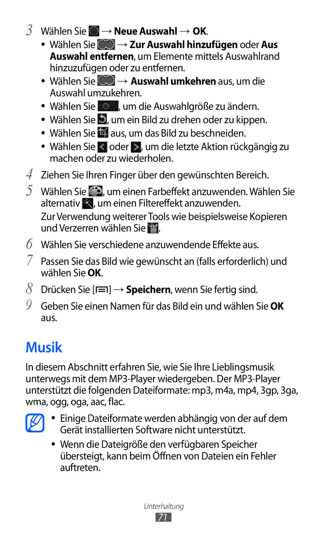 Samsung GT-I8150FKAVIT manual Musik, Wählen Sie → Neue Auswahl → OK, Hinzuzufügen oder zu entfernen, Auswahl umzukehren 