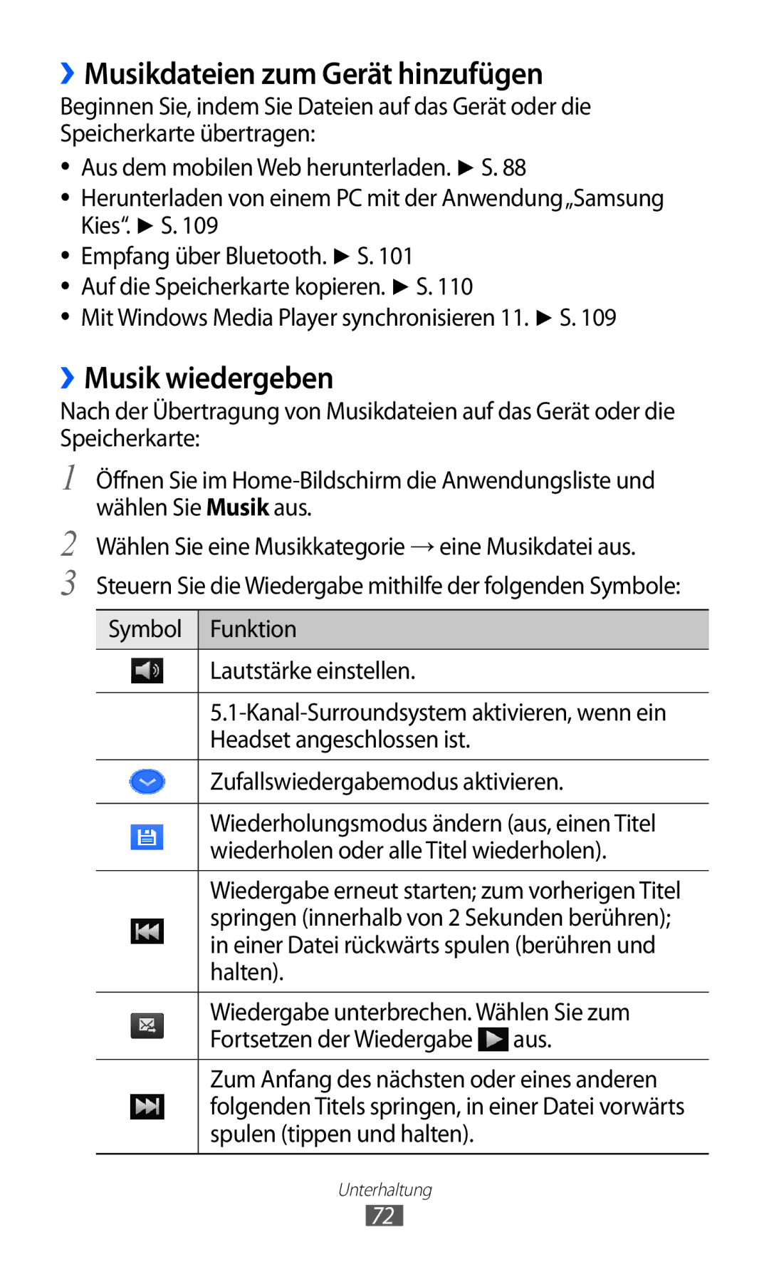 Samsung GT-I8150FKATUR, GT-I8150MAADTM, GT-I8150FKAVIT manual ››Musikdateien zum Gerät hinzufügen, ››Musik wiedergeben 