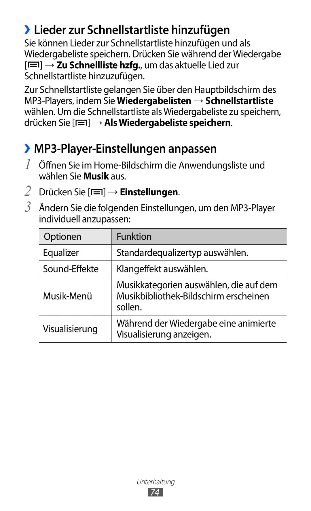 Samsung GT-I8150FKAXEG, GT-I8150MAADTM manual ››Lieder zur Schnellstartliste hinzufügen, ››MP3-Player-Einstellungen anpassen 