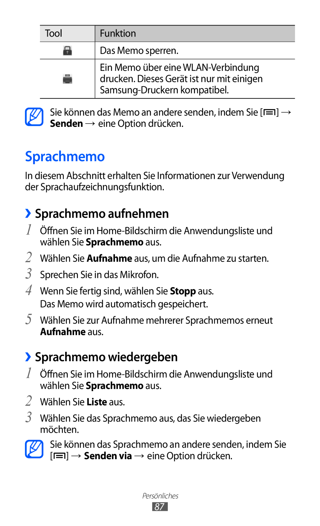 Samsung GT-I8150EWAITV, GT-I8150MAADTM, GT-I8150FKAVIT, GT-I8150FKATUR ››Sprachmemo aufnehmen, ››Sprachmemo wiedergeben 