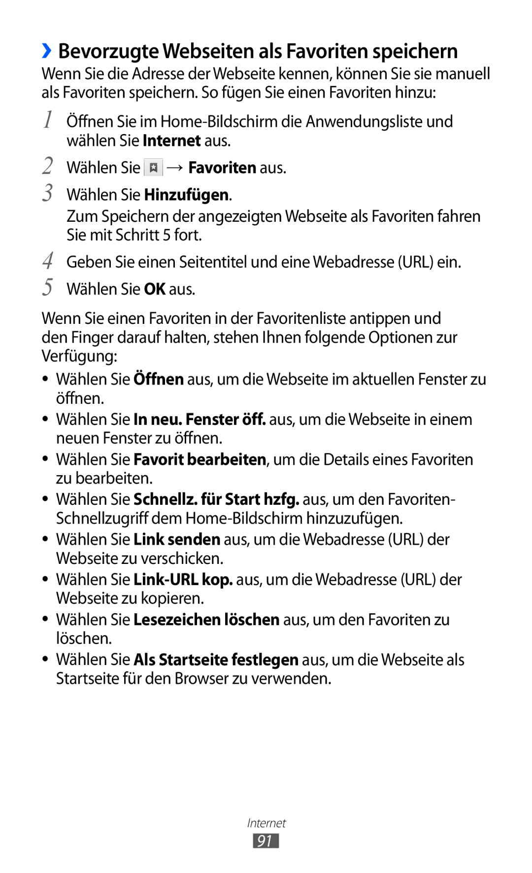 Samsung GT-I8150FKADBT, GT-I8150MAADTM, GT-I8150FKAVIT, GT-I8150FKATUR manual ››Bevorzugte Webseiten als Favoriten speichern 