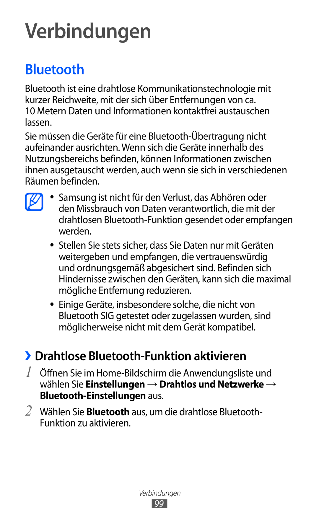 Samsung GT-I8150FKAVIT, GT-I8150MAADTM, GT-I8150FKATUR manual Verbindungen, ››Drahtlose Bluetooth-Funktion aktivieren 