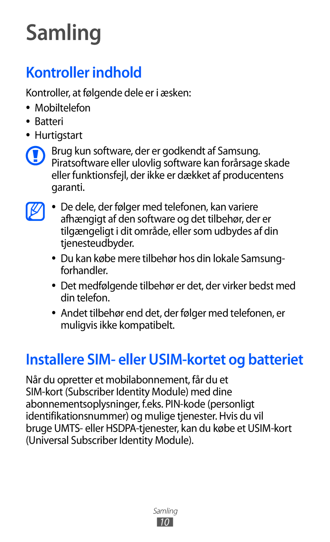 Samsung GT-I8150FKANEE, GT-I8150MAANEE, GT-I8150EWANEE manual Samling, Kontroller indhold 