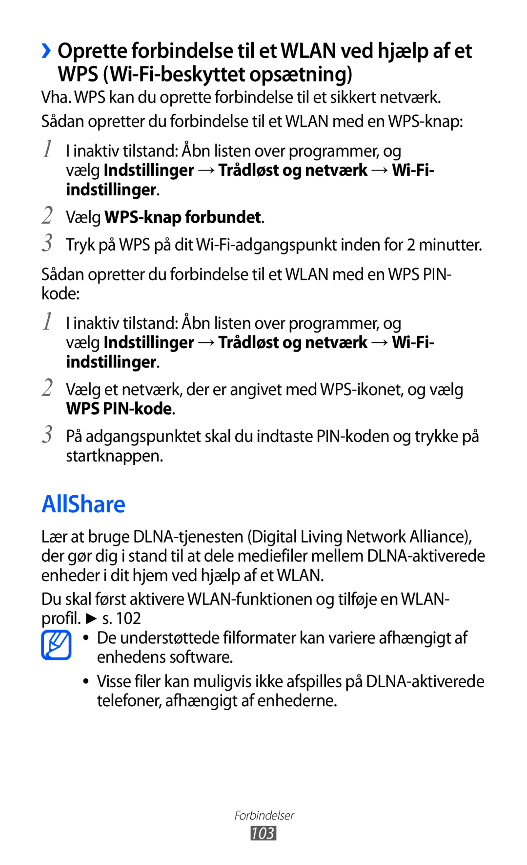 Samsung GT-I8150FKANEE, GT-I8150MAANEE manual AllShare, WPS Wi-Fi-beskyttet opsætning, Vælg WPS-knap forbundet, WPS PIN-kode 