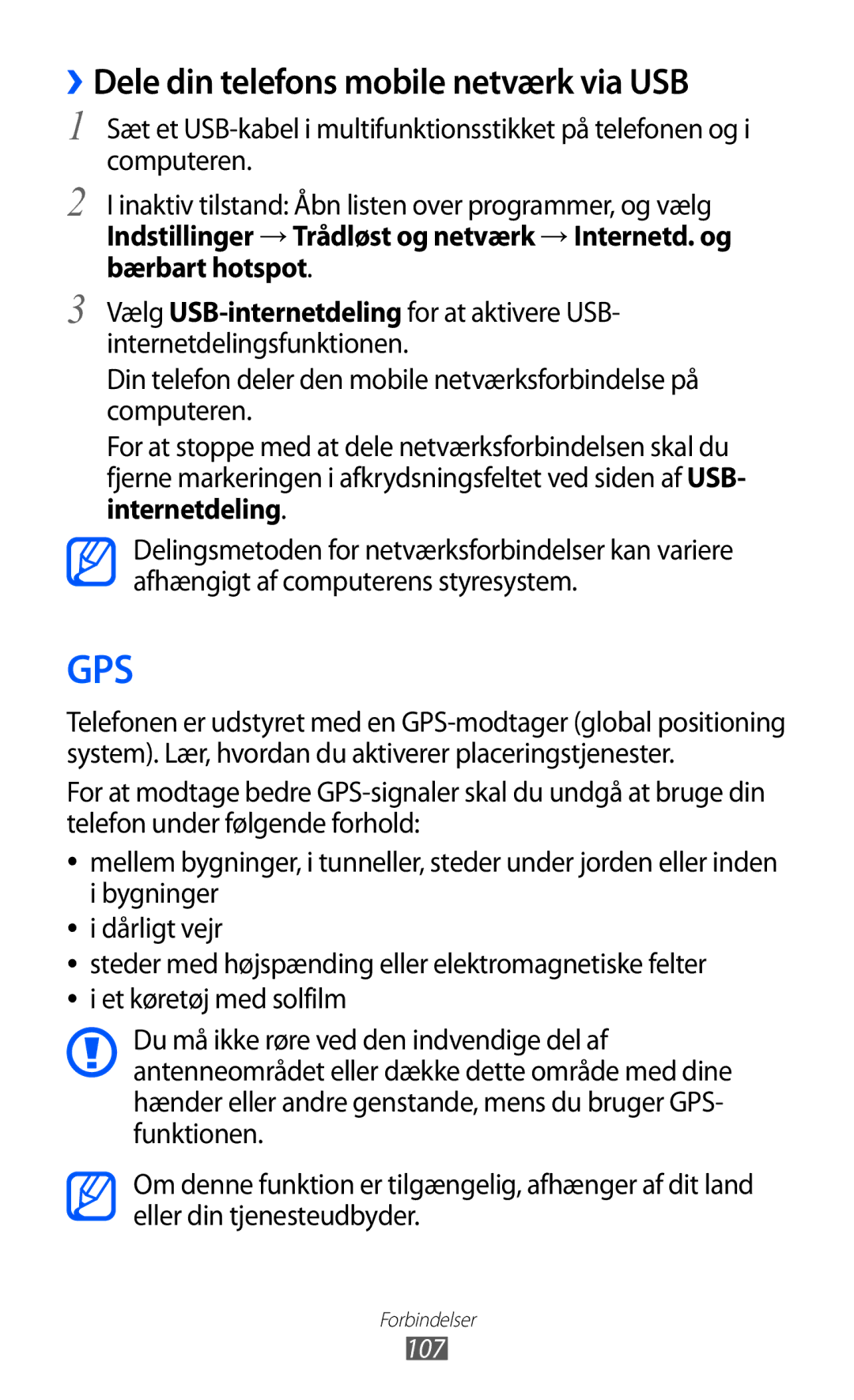 Samsung GT-I8150EWANEE, GT-I8150MAANEE, GT-I8150FKANEE manual Gps, ››Dele din telefons mobile netværk via USB 