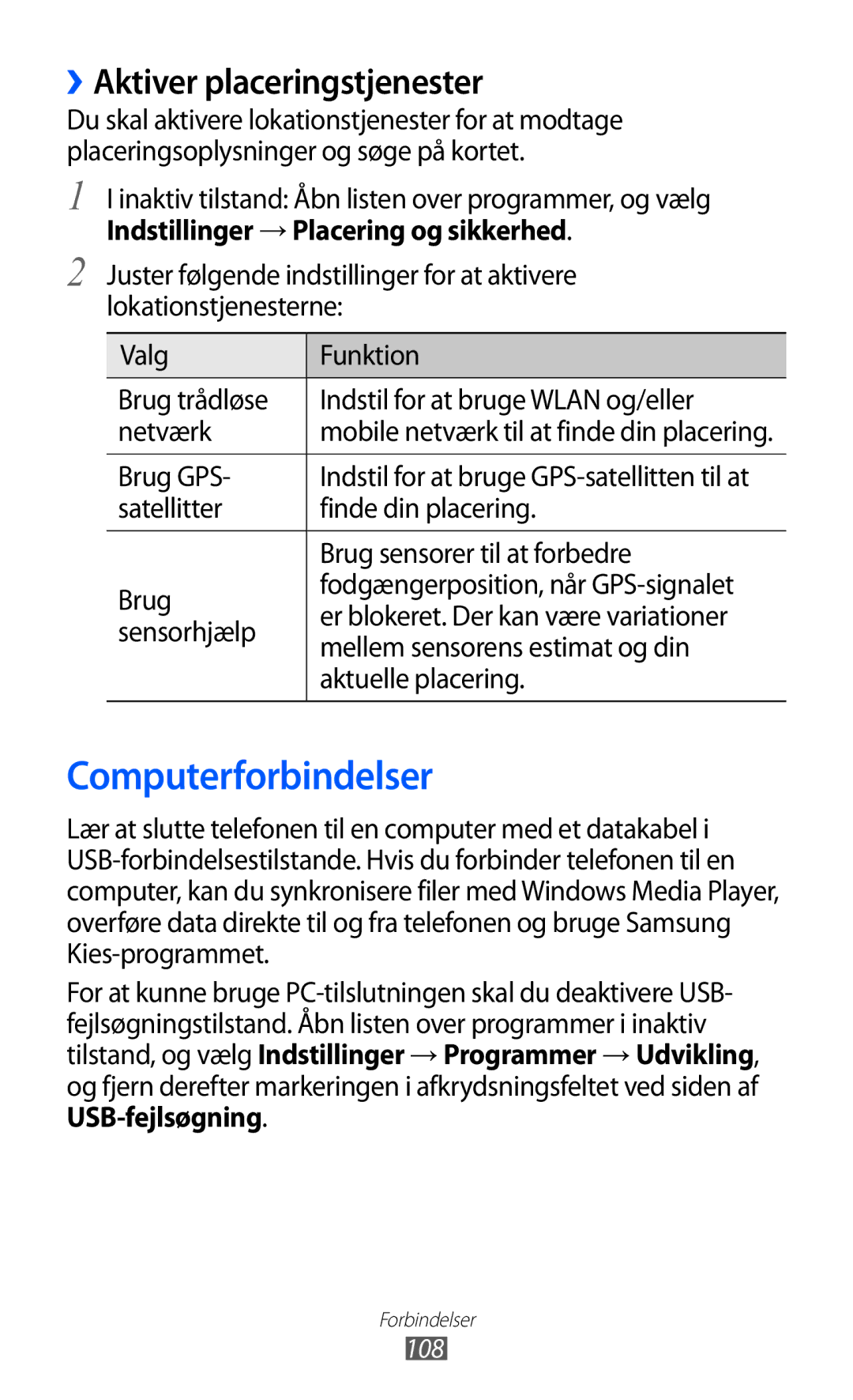 Samsung GT-I8150MAANEE manual Computerforbindelser, ››Aktiver placeringstjenester, Indstillinger → Placering og sikkerhed 