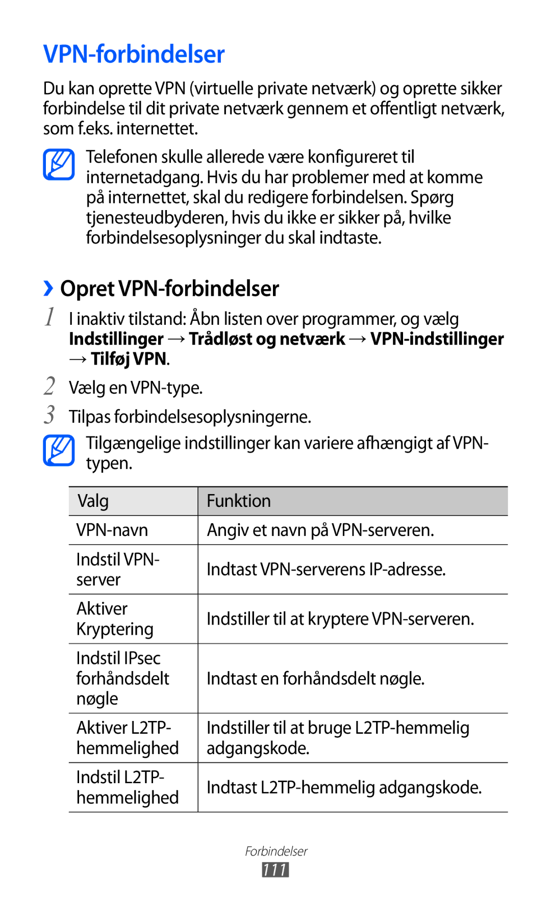 Samsung GT-I8150MAANEE, GT-I8150FKANEE, GT-I8150EWANEE manual ››Opret VPN-forbindelser, → Tilføj VPN, Kryptering 