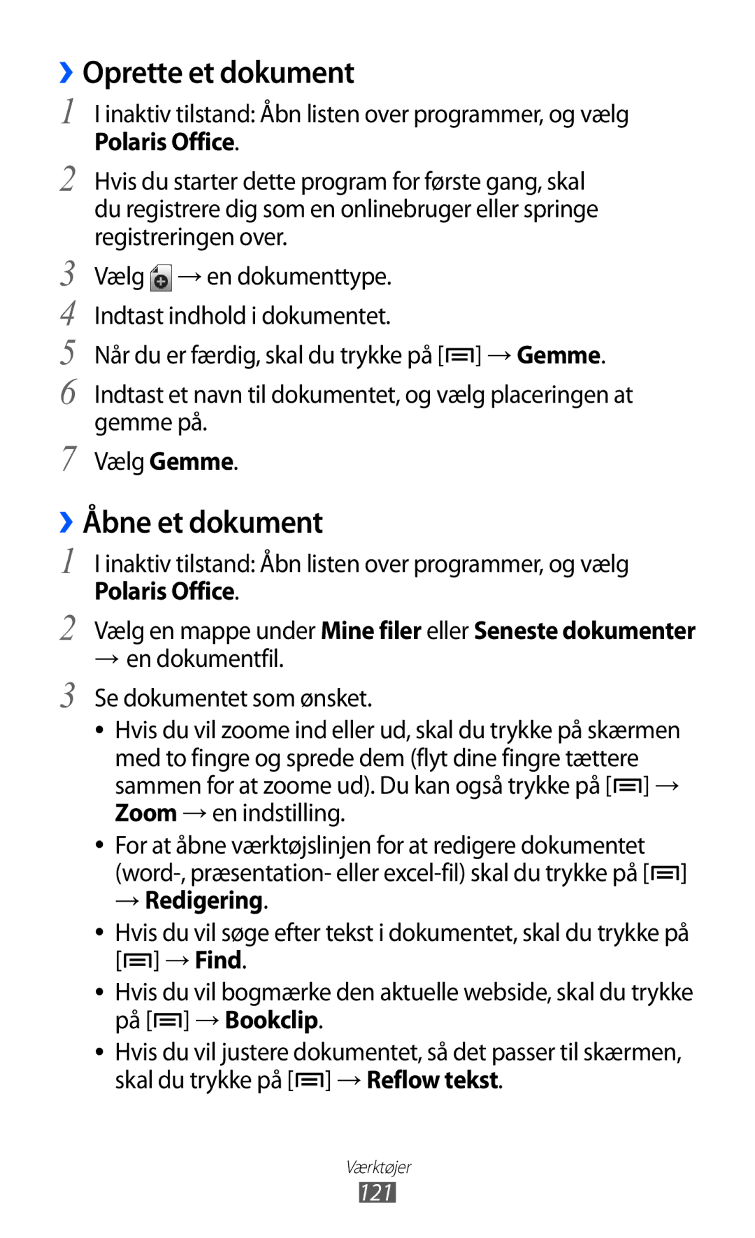 Samsung GT-I8150FKANEE, GT-I8150MAANEE manual ››Oprette et dokument, ››Åbne et dokument, Polaris Office, → Redigering 