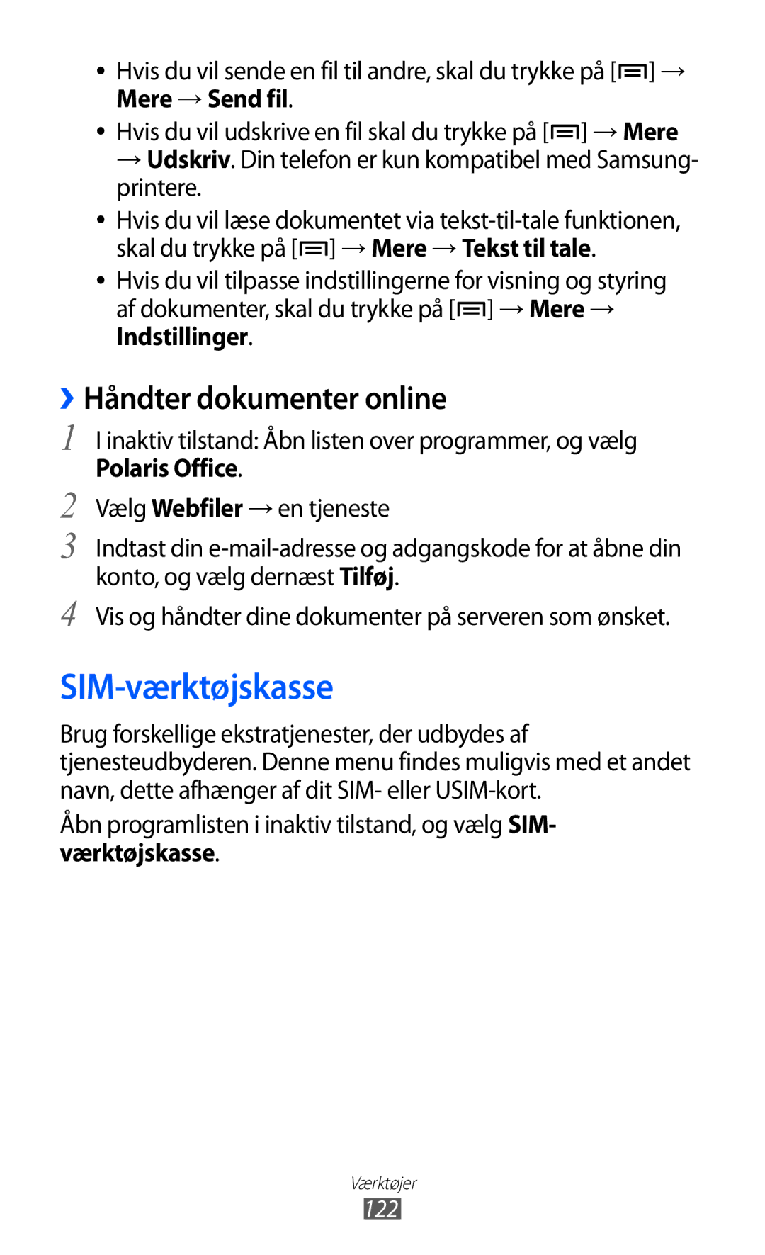 Samsung GT-I8150EWANEE, GT-I8150MAANEE, GT-I8150FKANEE manual SIM-værktøjskasse, ››Håndter dokumenter online, Mere → Send fil 