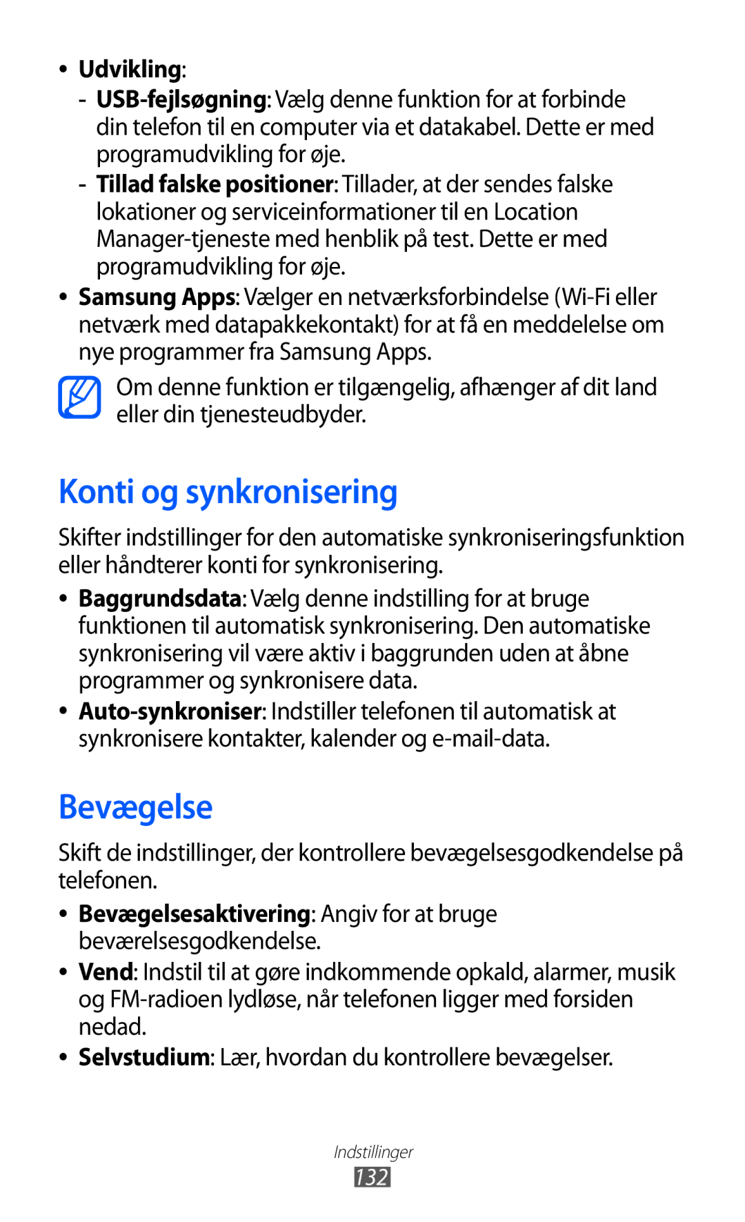 Samsung GT-I8150MAANEE, GT-I8150FKANEE, GT-I8150EWANEE manual Konti og synkronisering, Bevægelse, Udvikling 