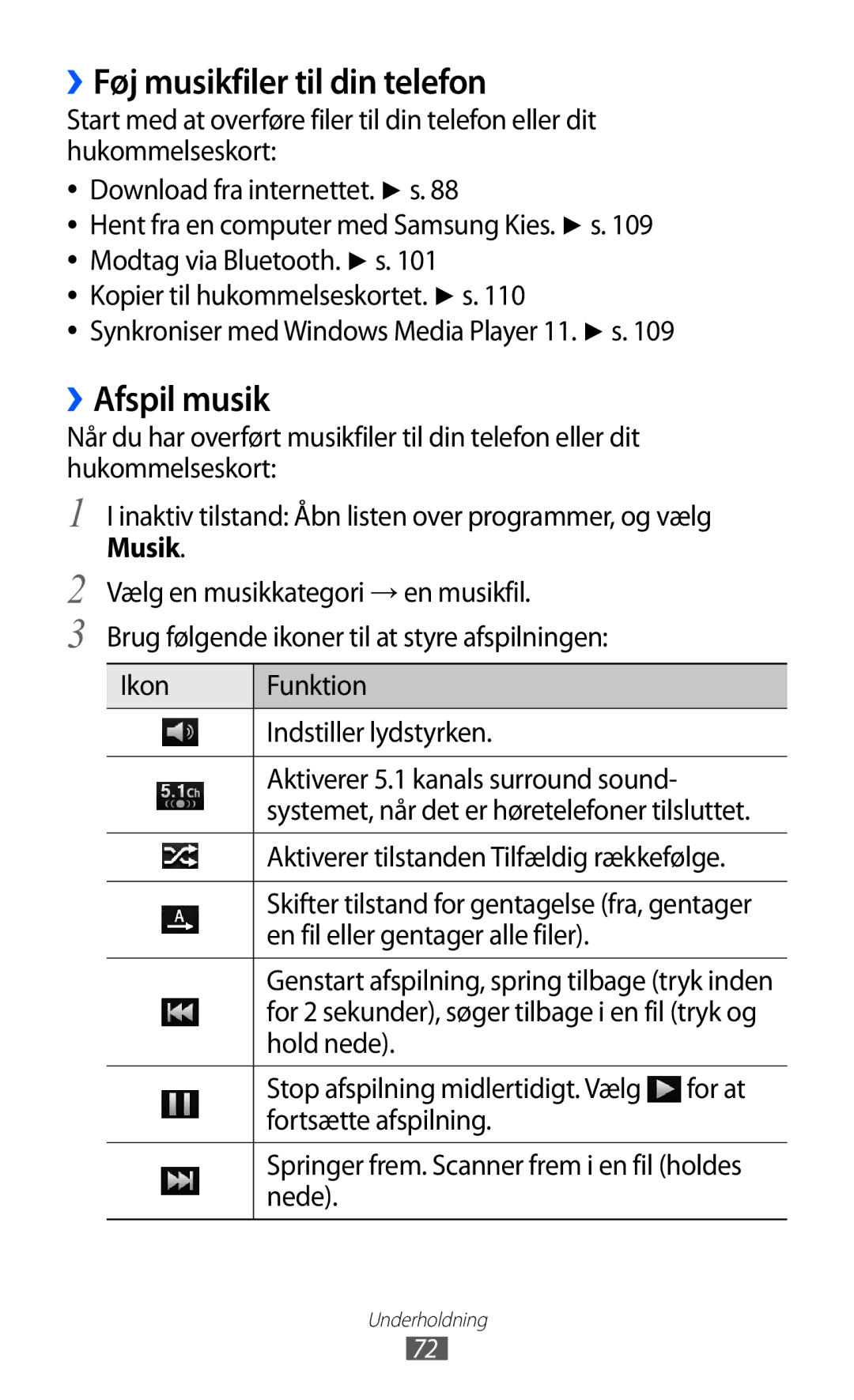 Samsung GT-I8150MAANEE manual ››Føj musikfiler til din telefon, ››Afspil musik, Aktiverer tilstanden Tilfældig rækkefølge 