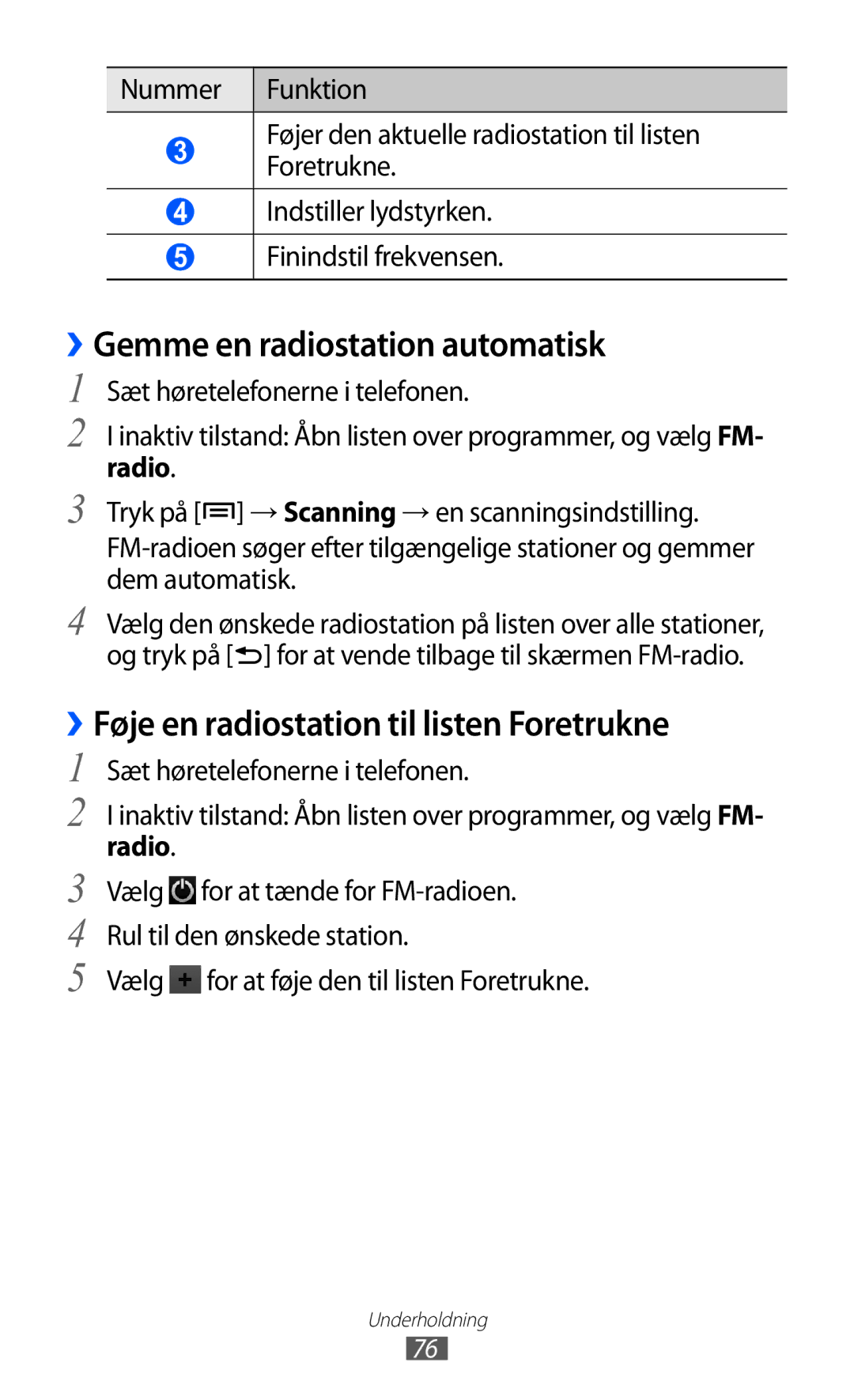 Samsung GT-I8150FKANEE manual ››Gemme en radiostation automatisk, ››Føje en radiostation til listen Foretrukne, Radio 