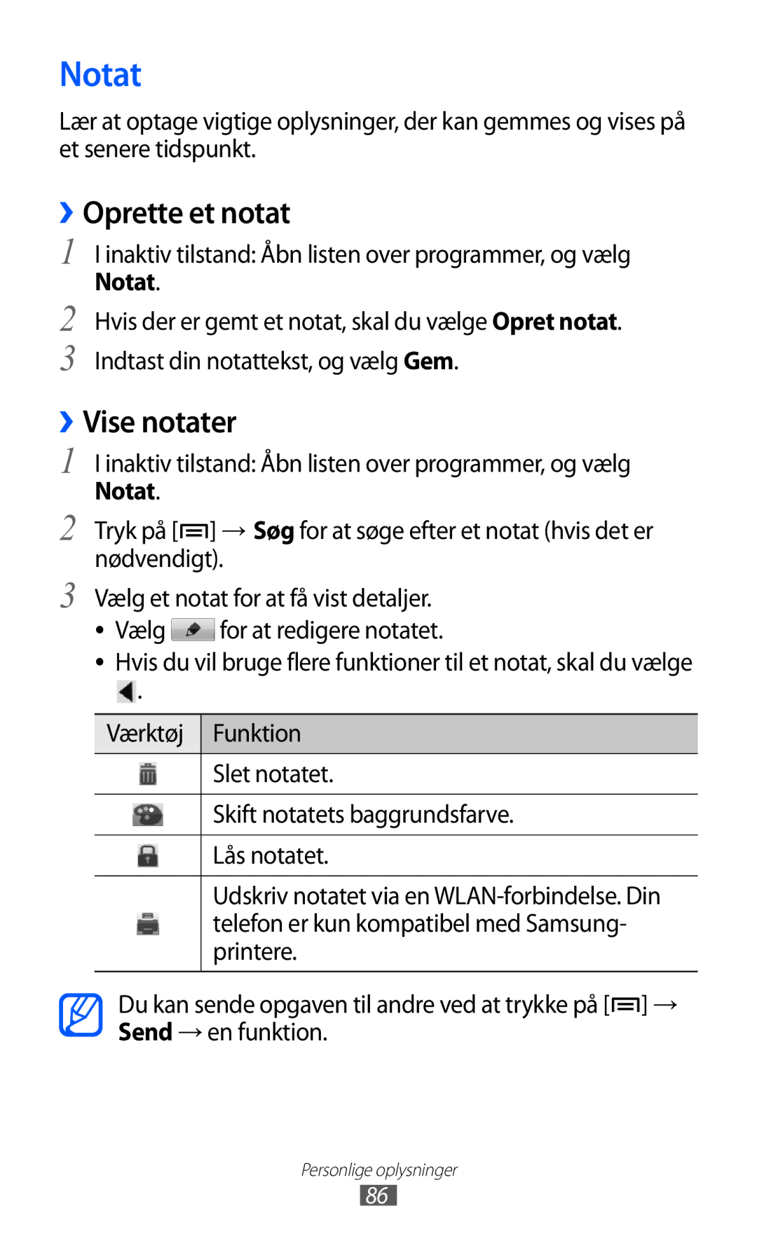 Samsung GT-I8150EWANEE, GT-I8150MAANEE, GT-I8150FKANEE manual Notat, ››Oprette et notat, ››Vise notater 