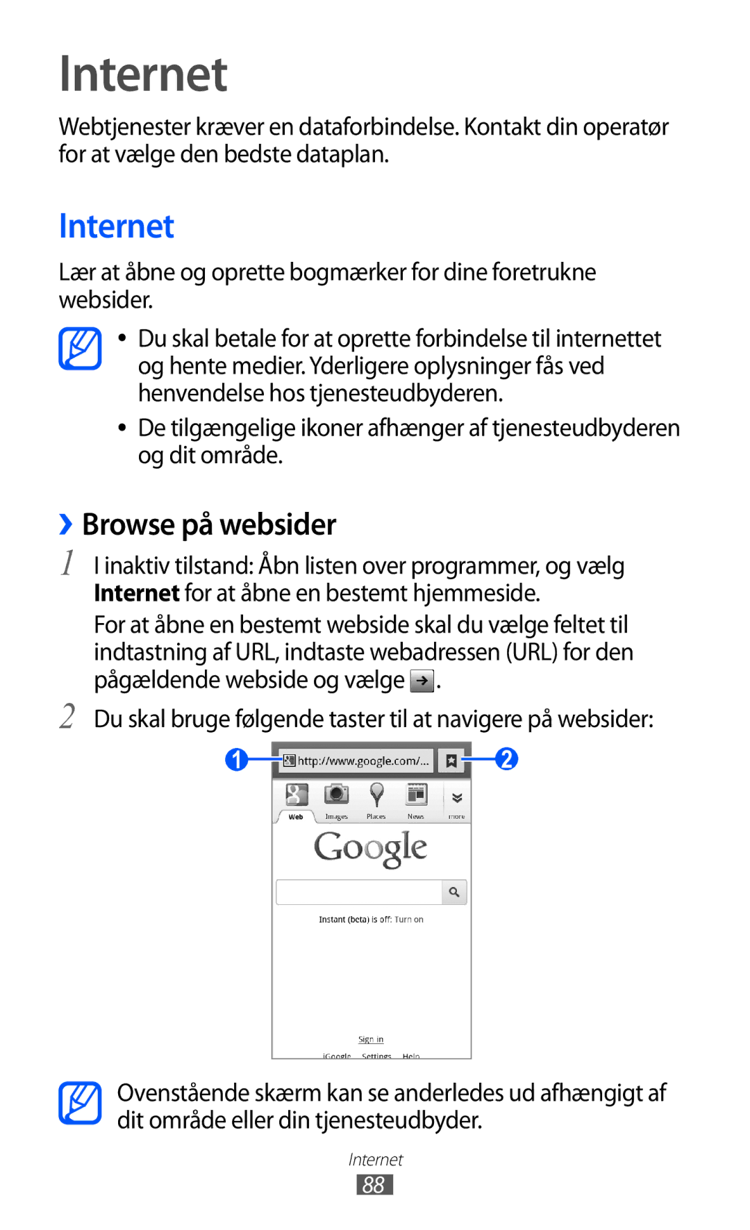 Samsung GT-I8150FKANEE manual Internet, ››Browse på websider, Du skal bruge følgende taster til at navigere på websider 