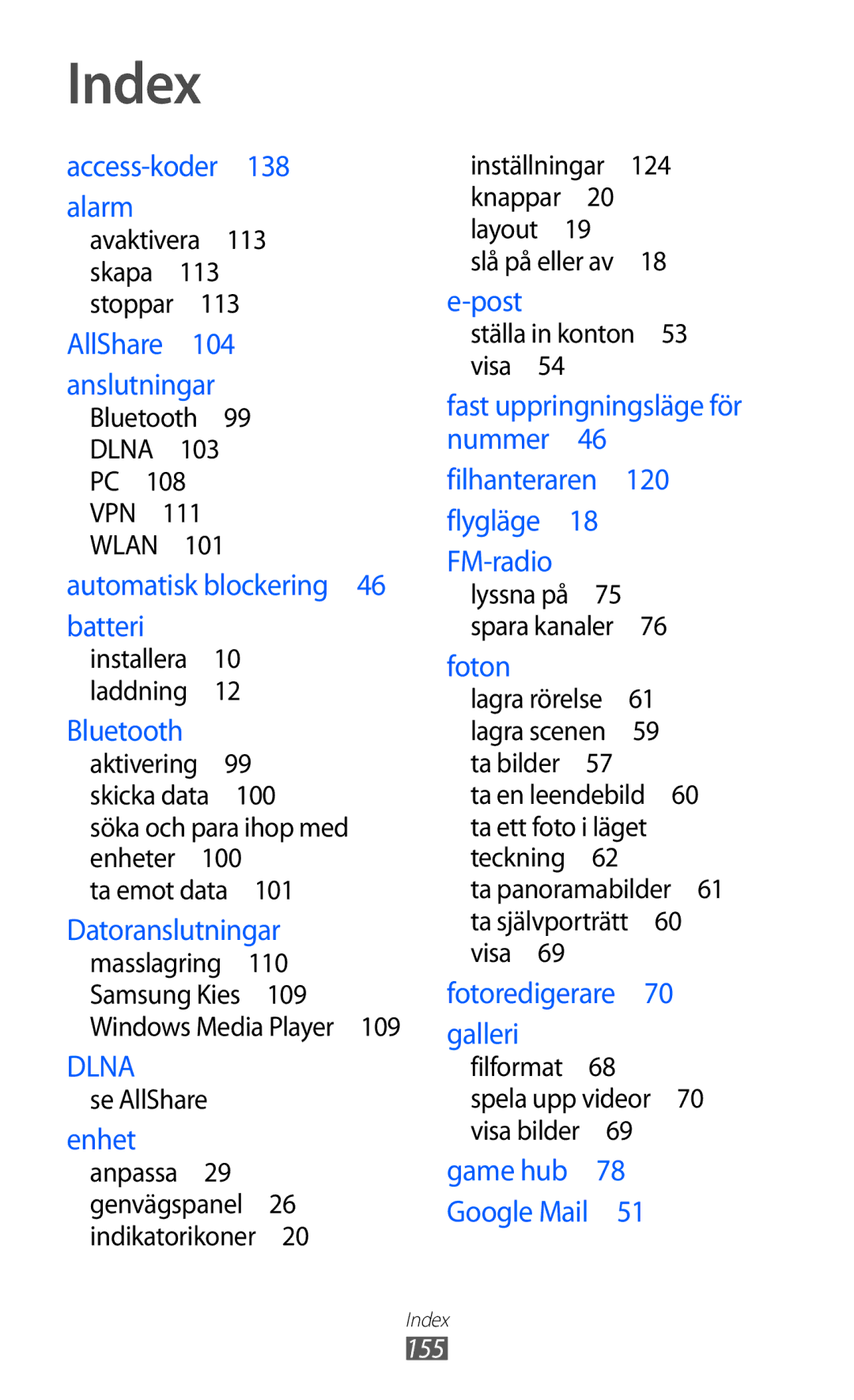 Samsung GT-I8150EWANEE, GT-I8150MAANEE, GT-I8150FKANEE manual Index, Dlna 