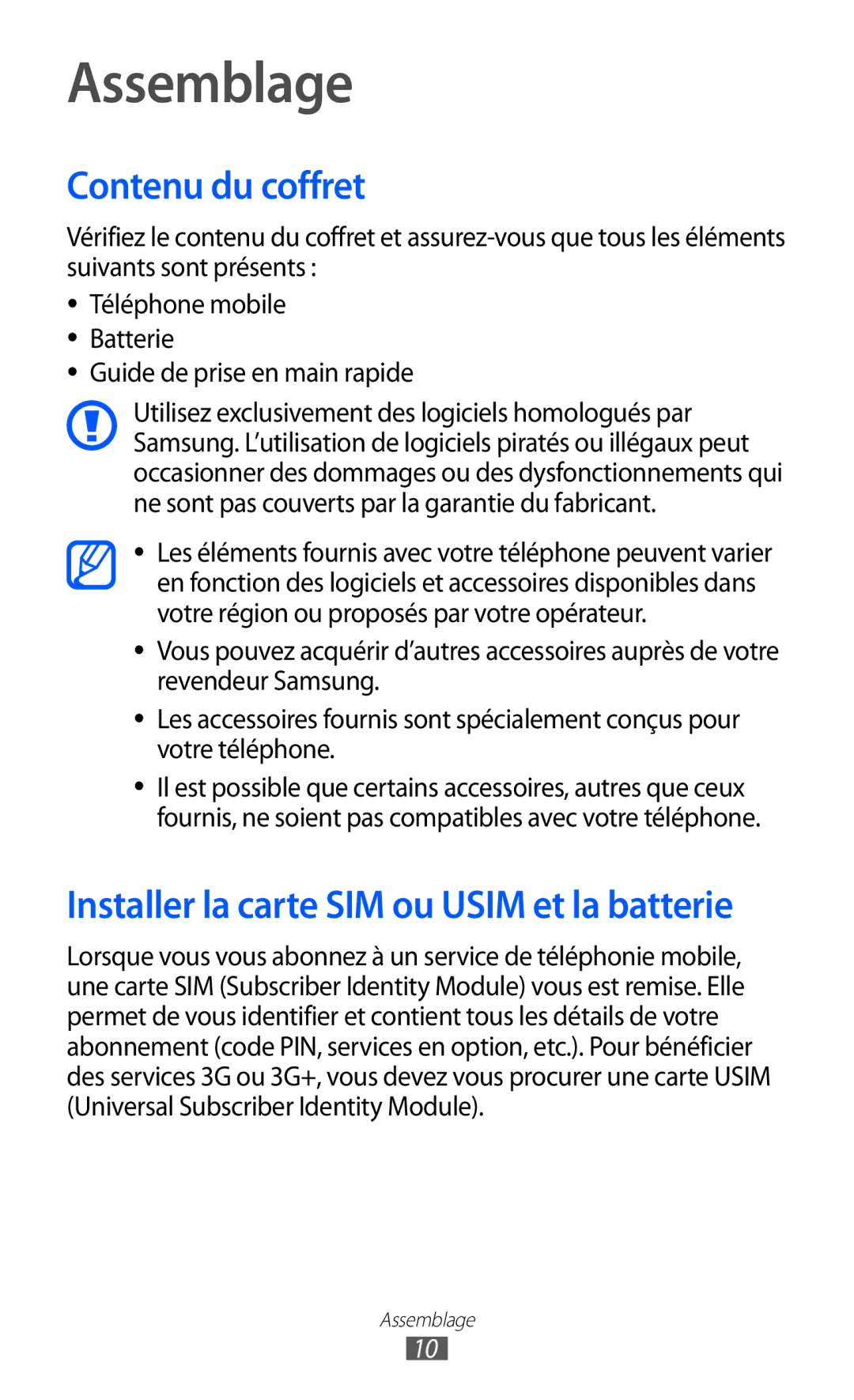 Samsung GT-I8150MAAXEF, GT-I8150MAASFR, GT-I8150MAABOG, GT-I8150FKAXEF manual Assemblage, Contenu du coffret 