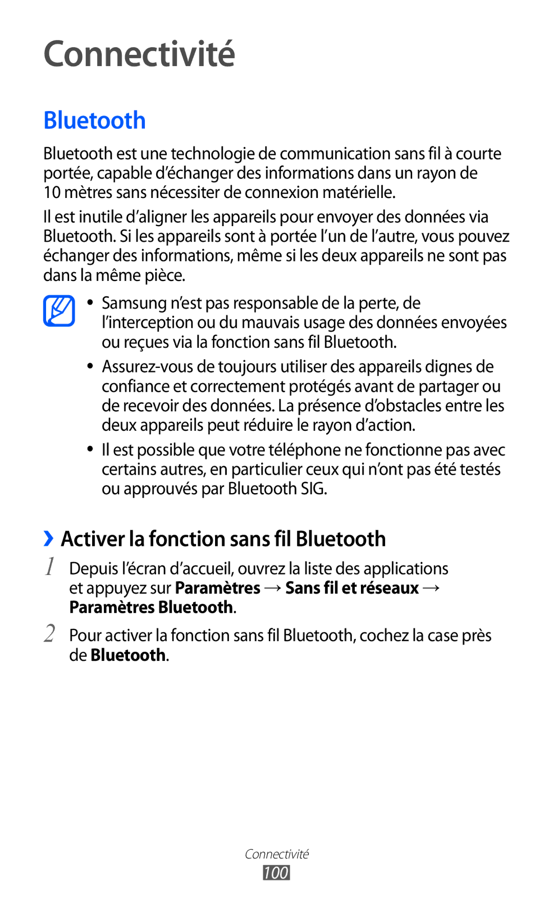 Samsung GT-I8150MAASFR, GT-I8150MAABOG manual Connectivité, ››Activer la fonction sans fil Bluetooth, De Bluetooth, 100 