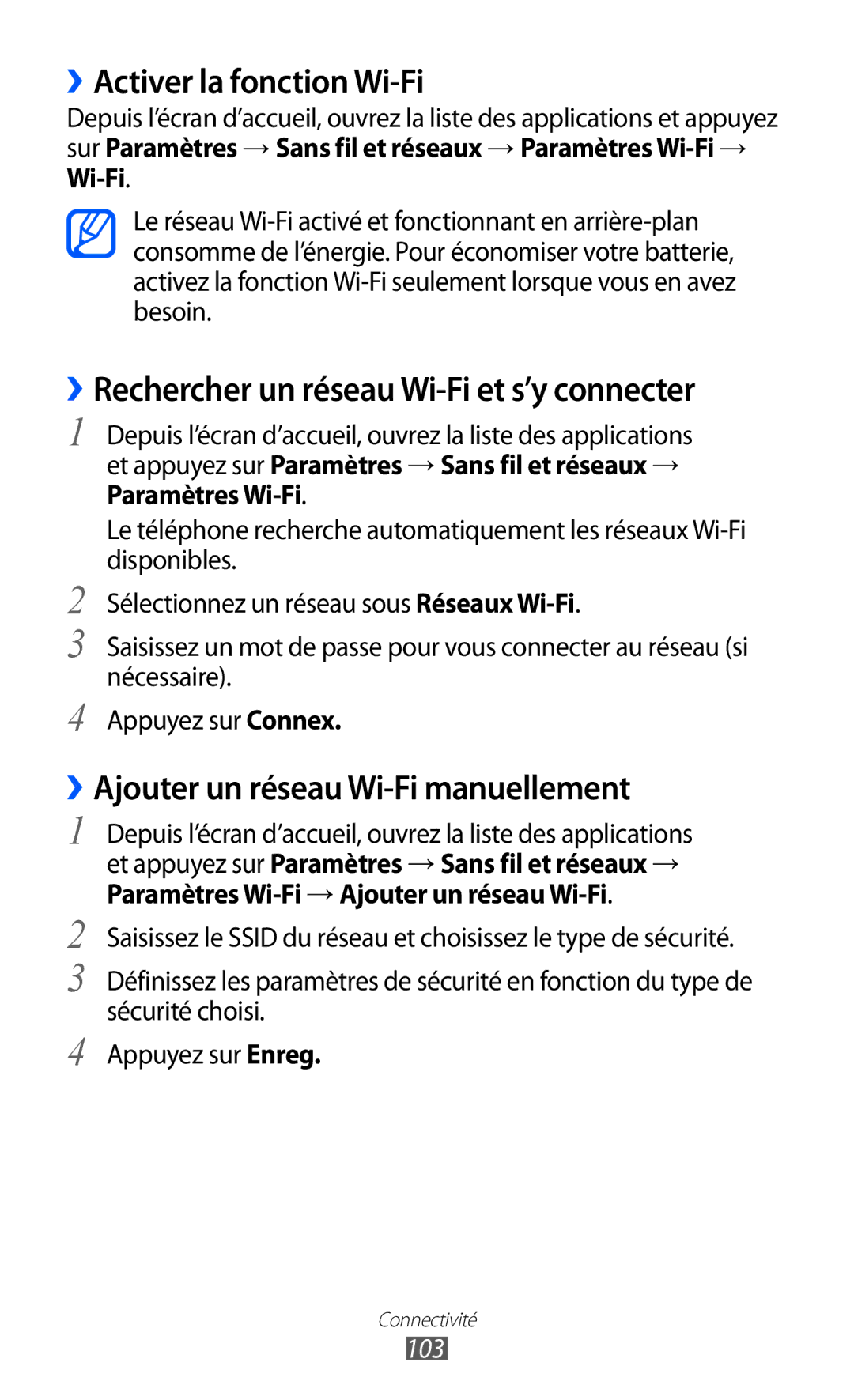 Samsung GT-I8150FKAXEF, GT-I8150MAASFR ››Activer la fonction Wi-Fi, ››Rechercher un réseau Wi-Fi et s’y connecter, 103 