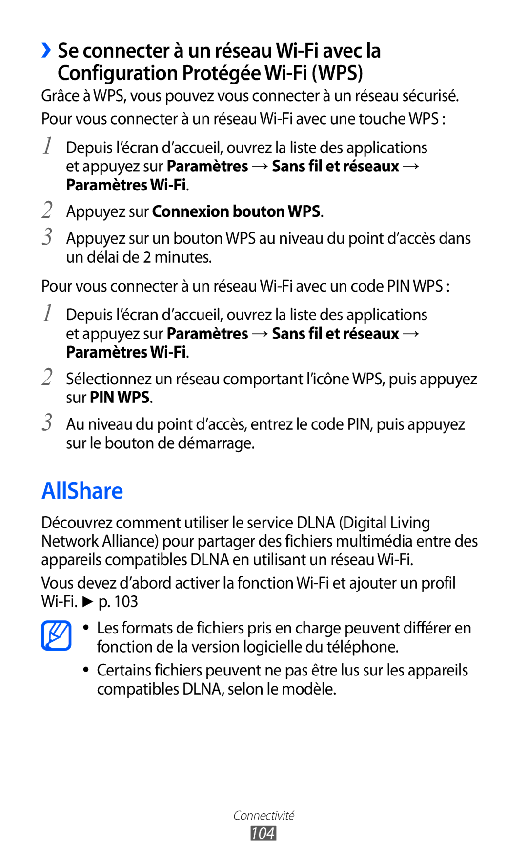 Samsung GT-I8150MAASFR, GT-I8150MAABOG, GT-I8150MAAXEF, GT-I8150FKAXEF manual AllShare, Appuyez sur Connexion bouton WPS, 104 