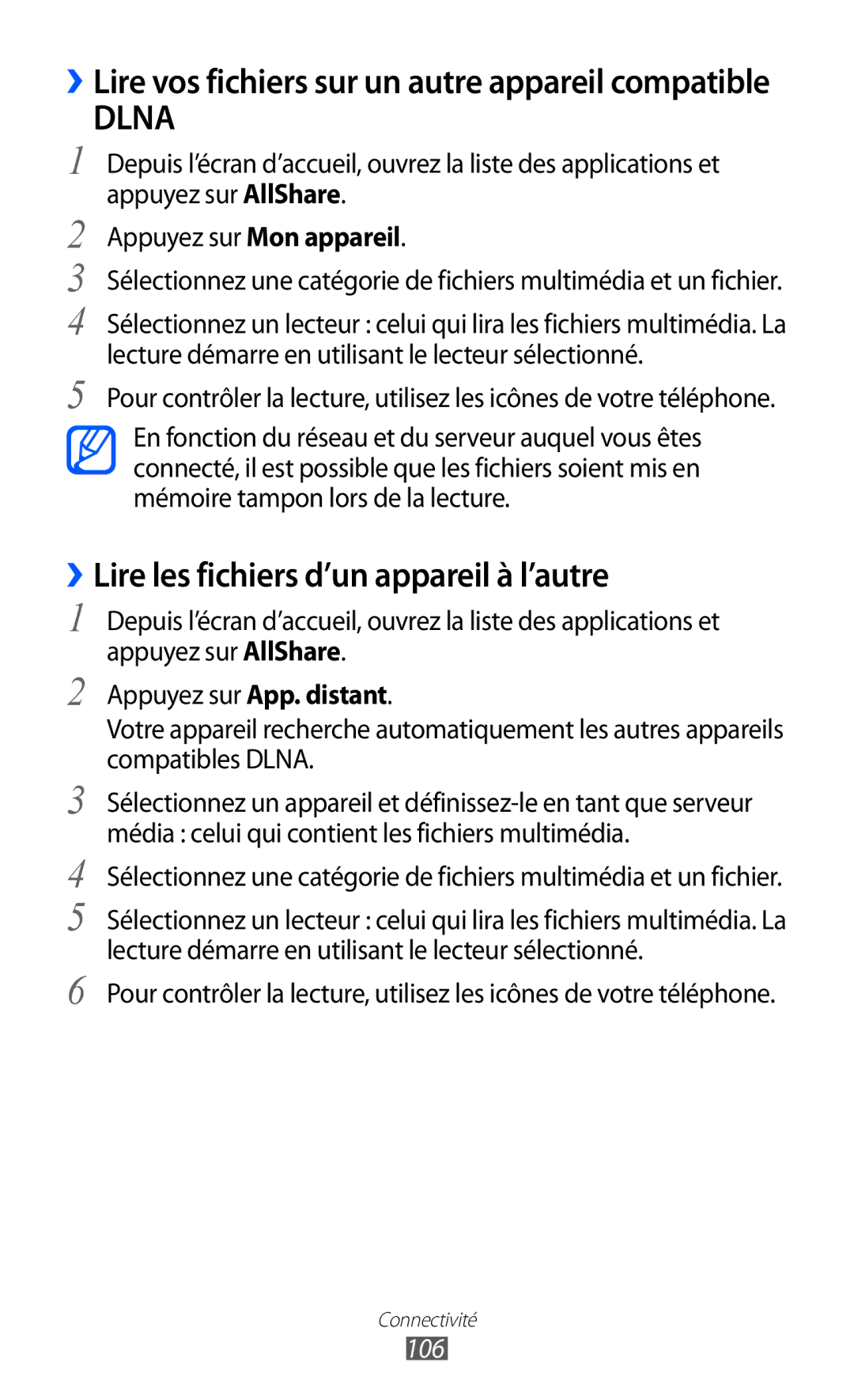 Samsung GT-I8150MAAXEF, GT-I8150MAASFR, GT-I8150MAABOG, GT-I8150FKAXEF manual ››Lire les fichiers d’un appareil à l’autre, 106 