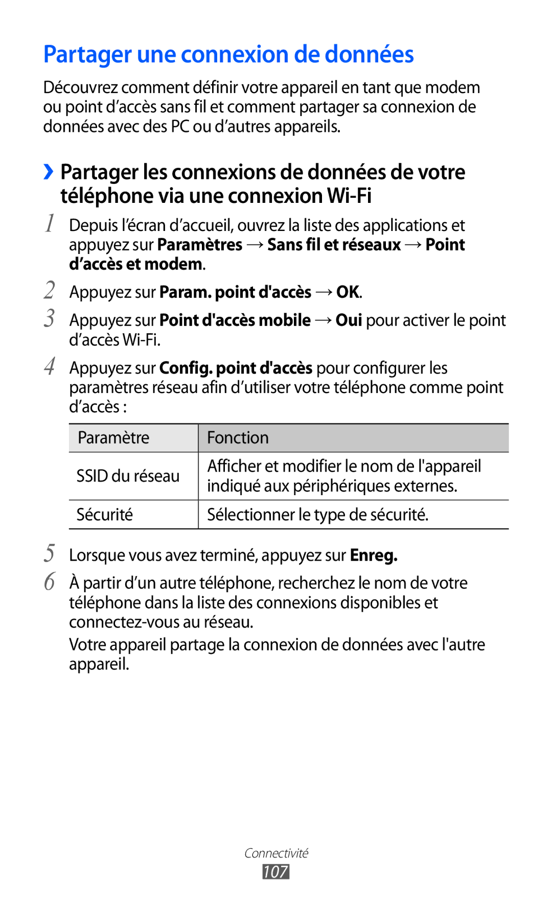 Samsung GT-I8150FKAXEF, GT-I8150MAASFR manual Partager une connexion de données, Appuyez sur Param. point daccès → OK, 107 