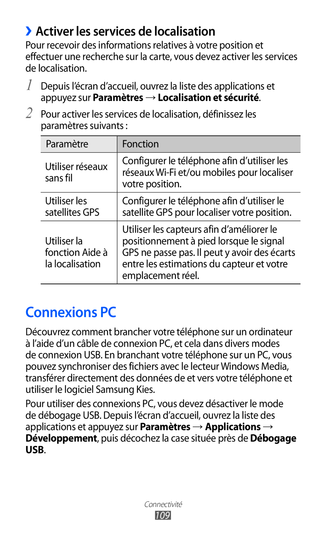 Samsung GT-I8150MAABOG, GT-I8150MAASFR, GT-I8150MAAXEF manual Connexions PC, ››Activer les services de localisation, 109 